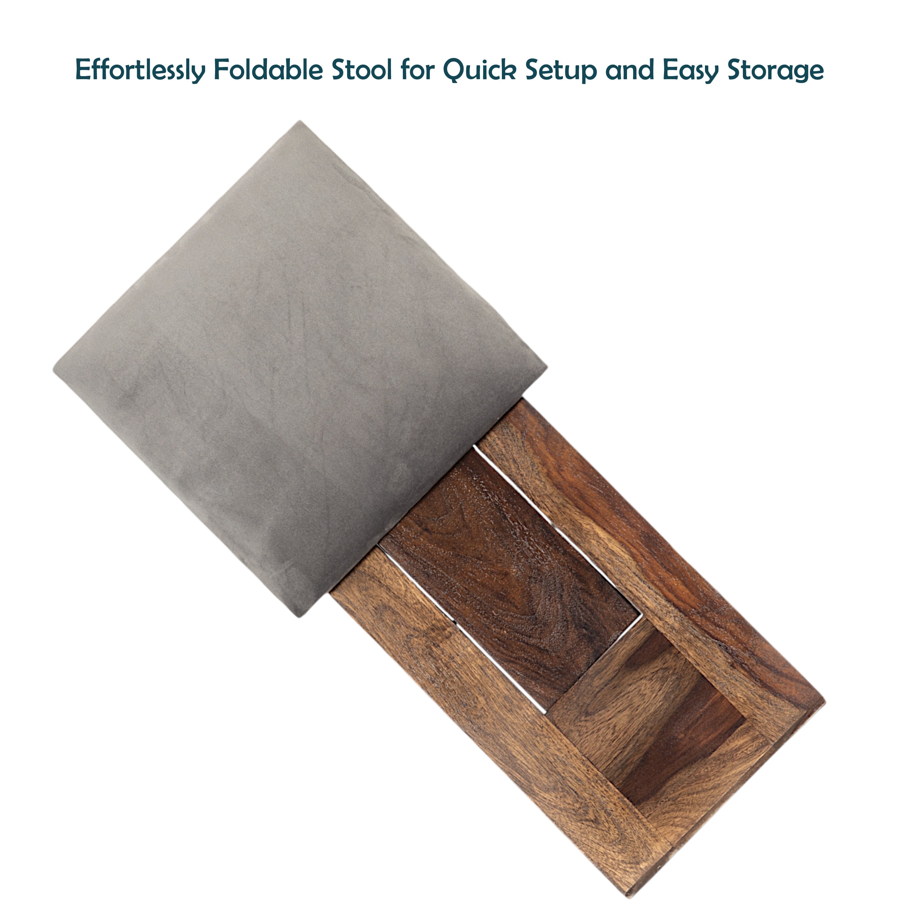 Dayton Sheesham Wood Accent Square   Stool in Grey Cotton Velvet Upholstery