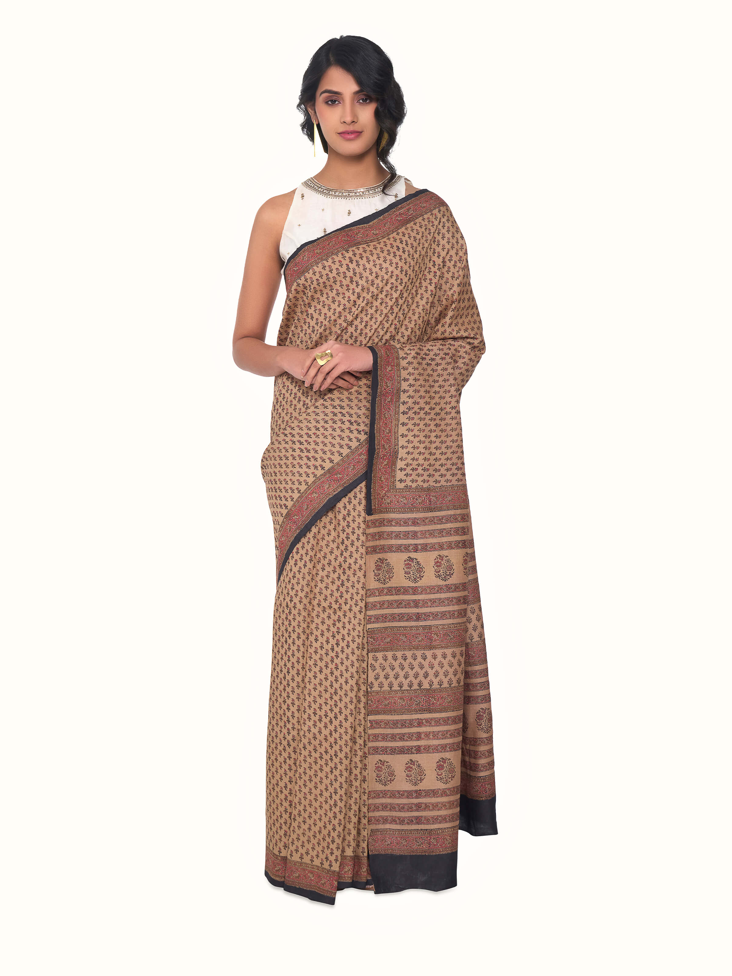 Beige Tussar Muga Silk Bagru Block Printed Saree