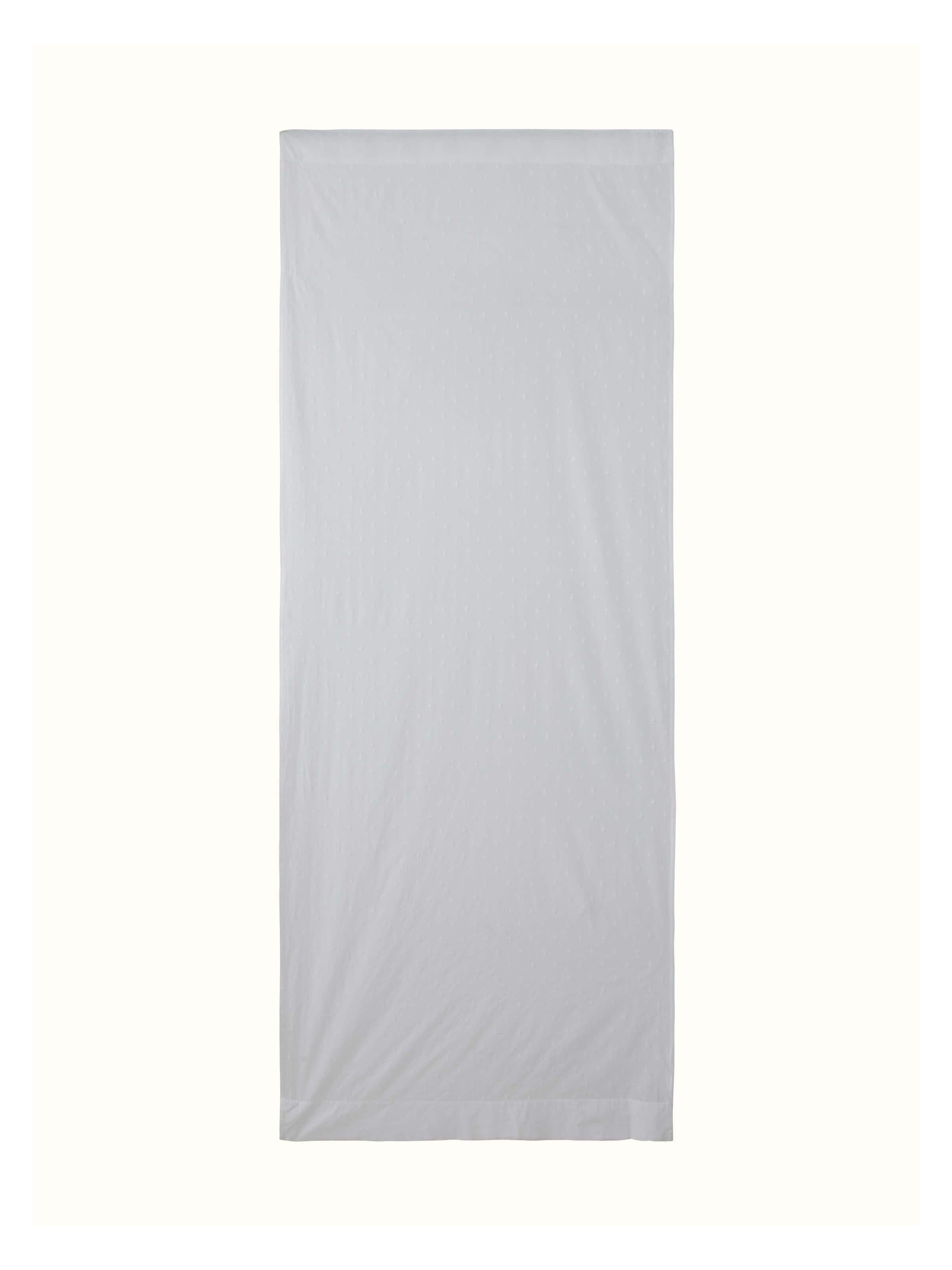 Front view of white cotton sheer curtain with trellis Chikankari embroidery, 7 ft length.