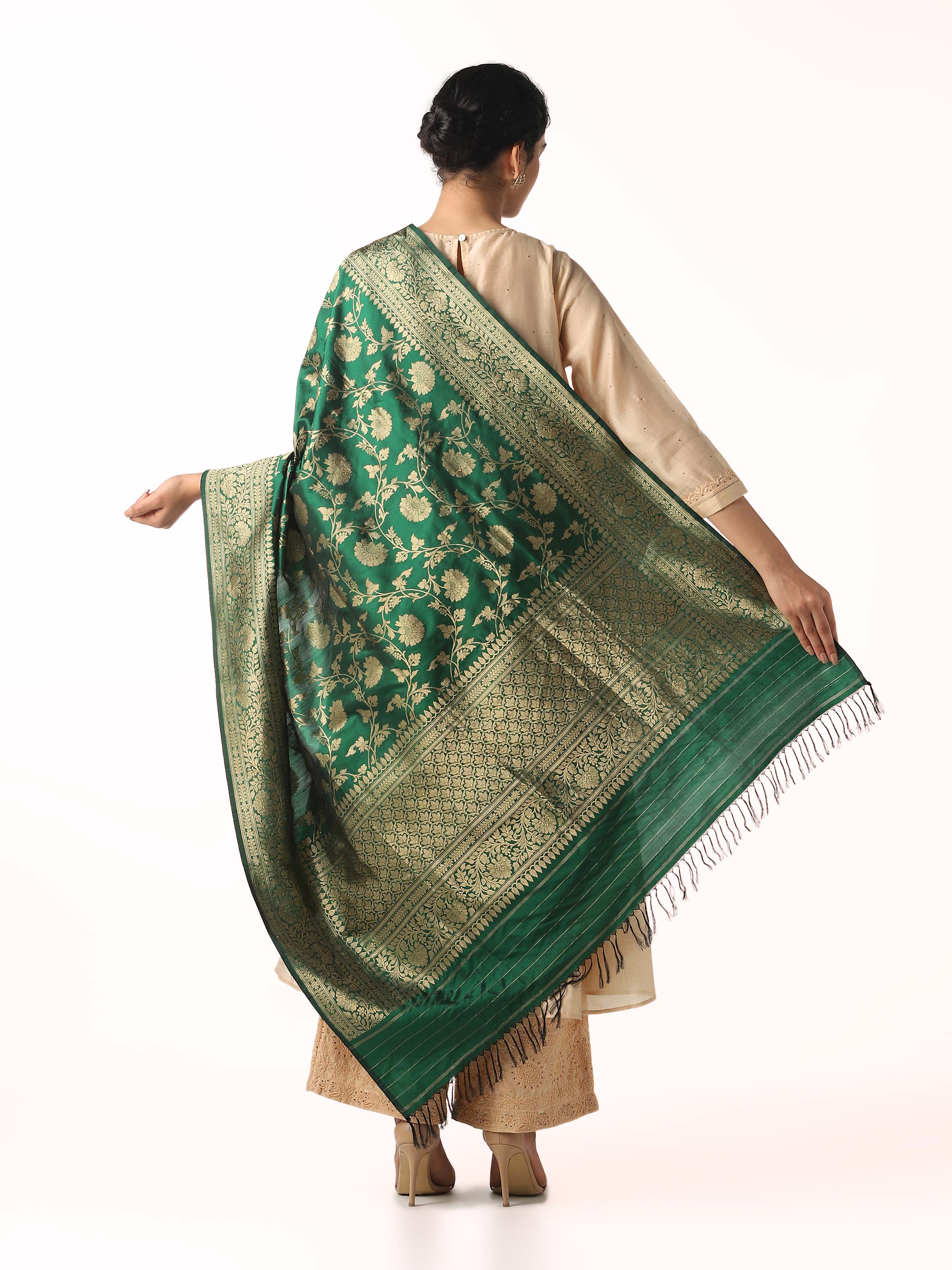 Back view of dark green silk Banarasi dupatta showing complete pattern and border