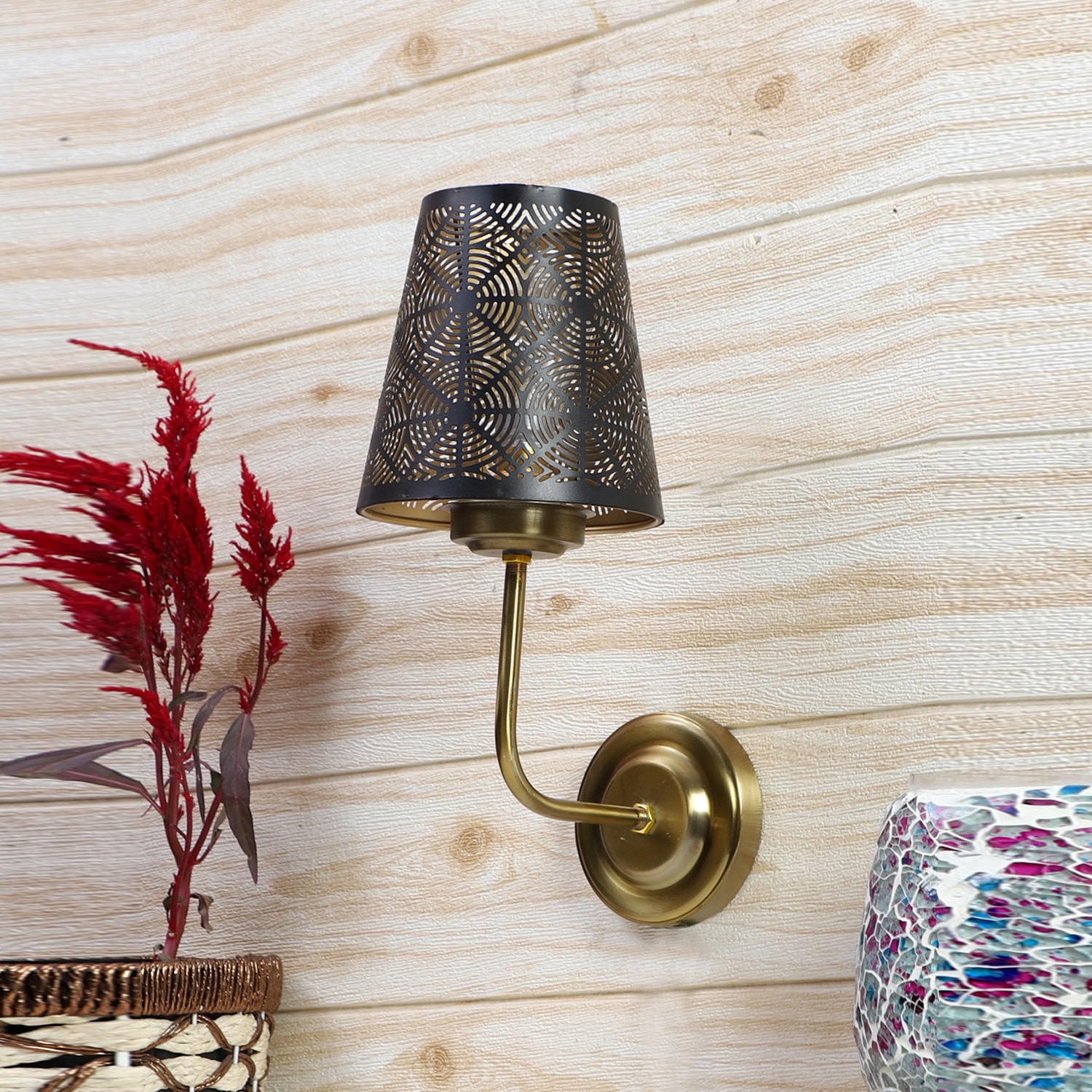 Devansh Metal Electric Wall Light in Gold Colour with Black Shade Count of 1 Light - Devansh