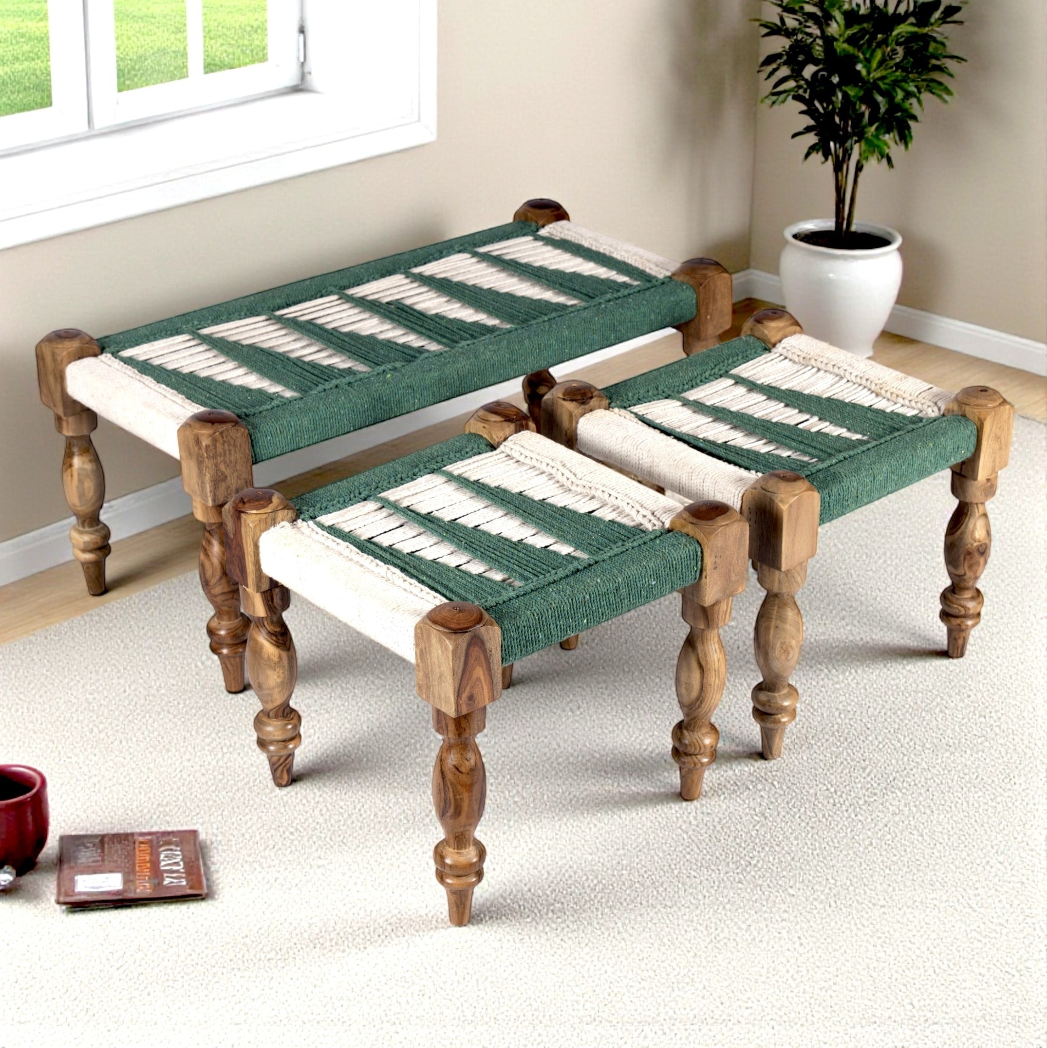Oakville Sheesham Wood Vintage Seater Maachi Bench Set 2 Stools In Green White Rope - Ikiriya