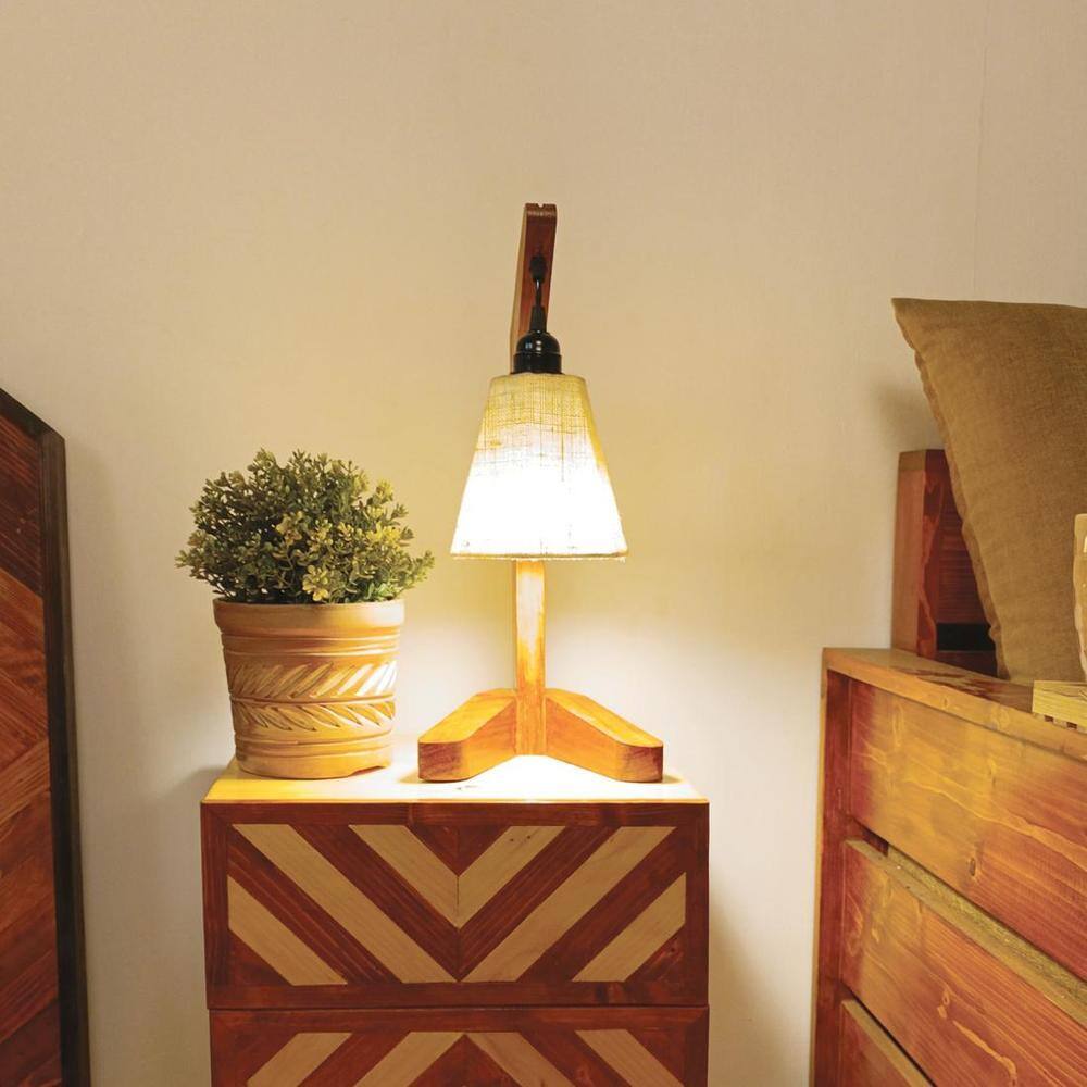 Charles Brown Wooden Table Lamp with White Jute Lampshade