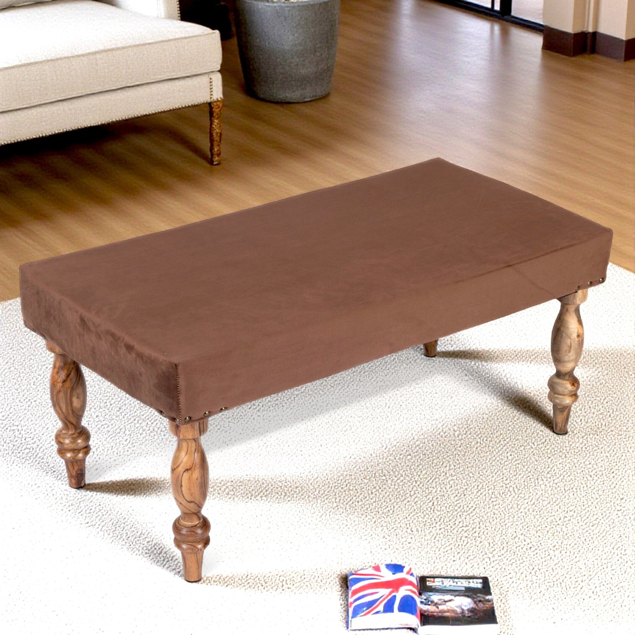 Bestone Sheesham Wood Accent 2 Seater Bench In Taupe Brown Velvet