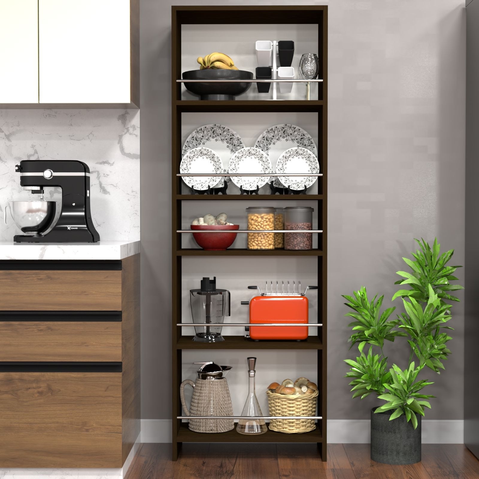 5 Open Shelves In Highland Pine Finish With Free Standing Tall Units.