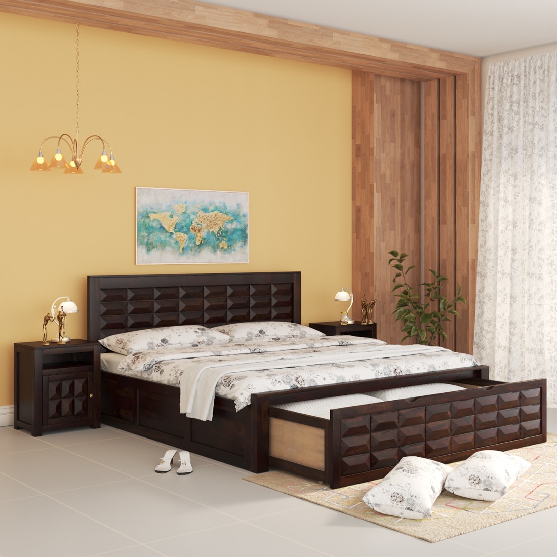 Diamond Solid Wood Queen  Size Bed With Drawer & Box Storage (Walnut Finish)