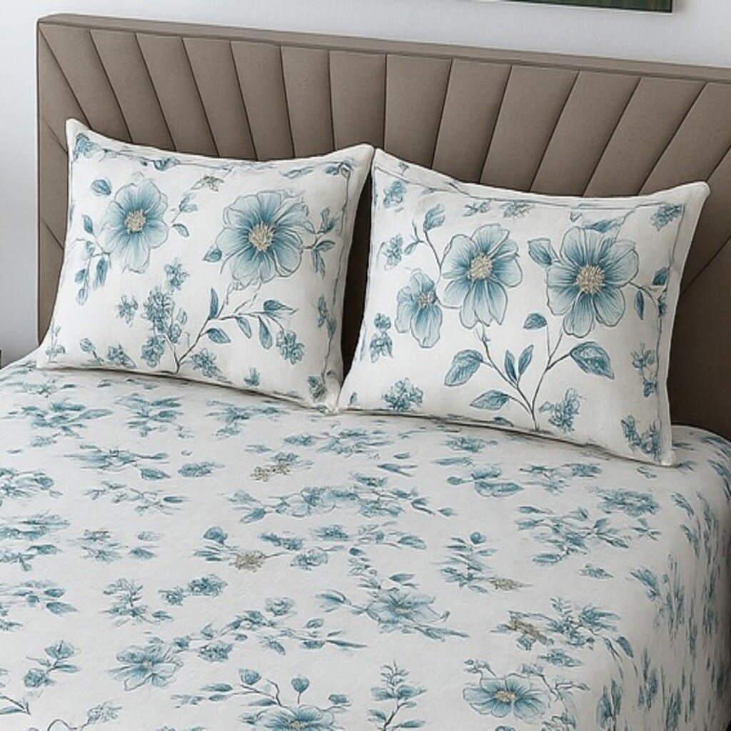 White Floral 400 TC Cotton Flat Queen Size Bedsheet With 2 Pillow Covers From Threads