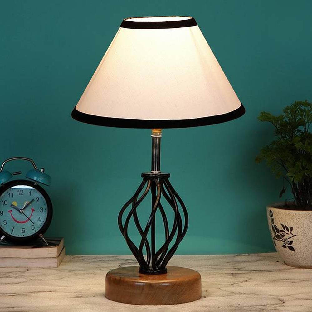 Raegan Multicolor cotton Table lamp with Wood & Iron Base