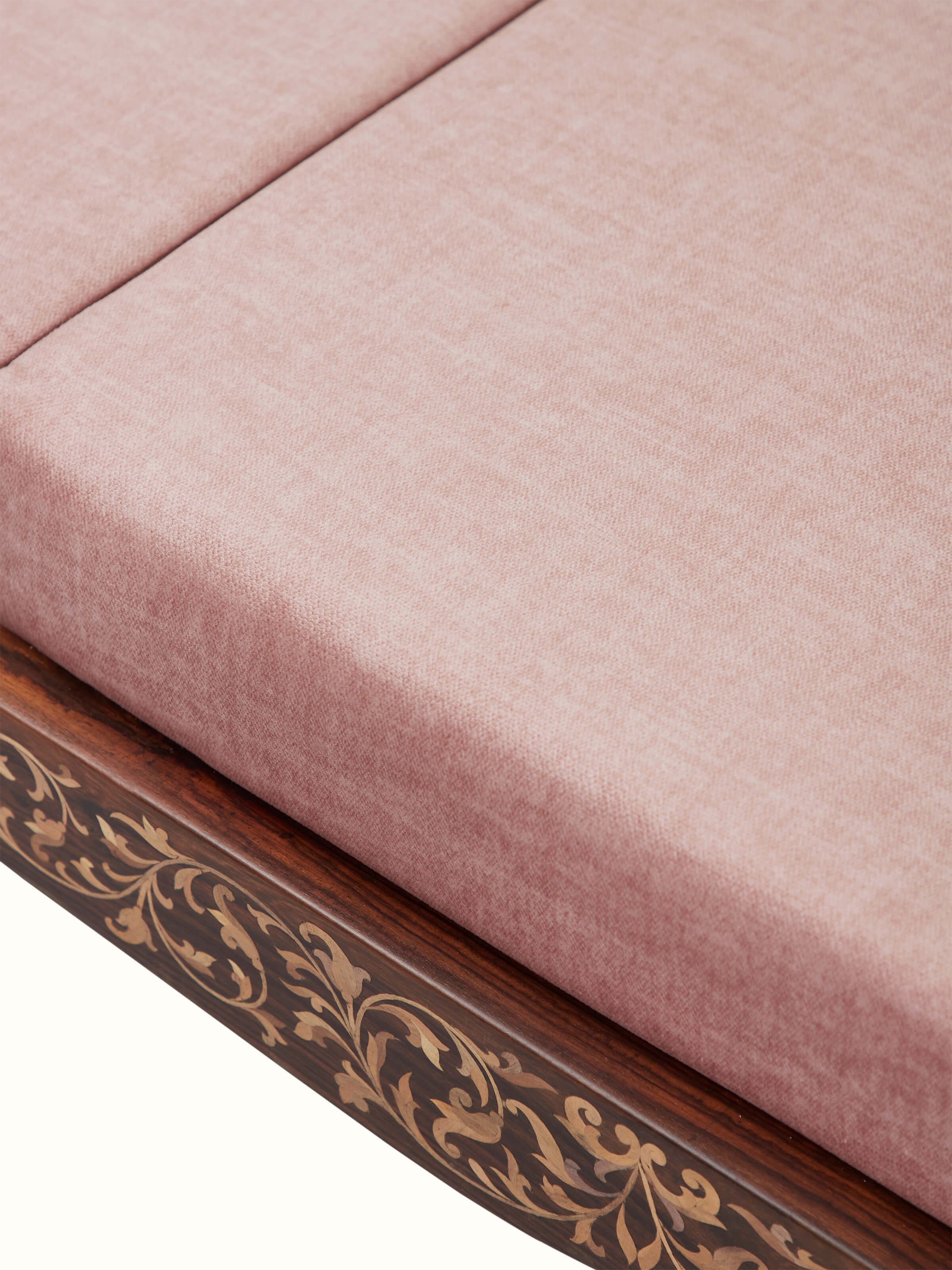Angled view of the Mysore Rosewood 3-seater sofa with upholstery, showing its detailed inlay work and plush seating.