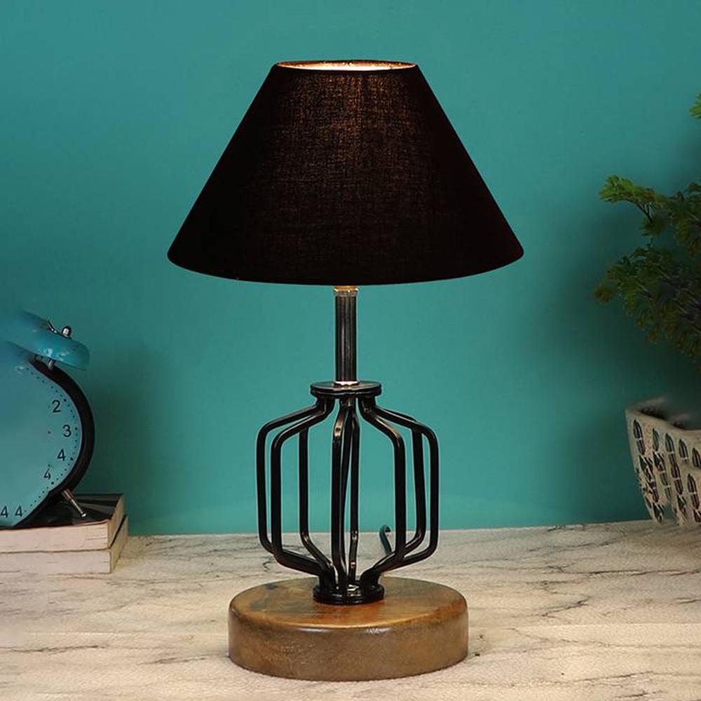 Destiny Black cotton Table lamp with Wood & Iron Base - Devansh