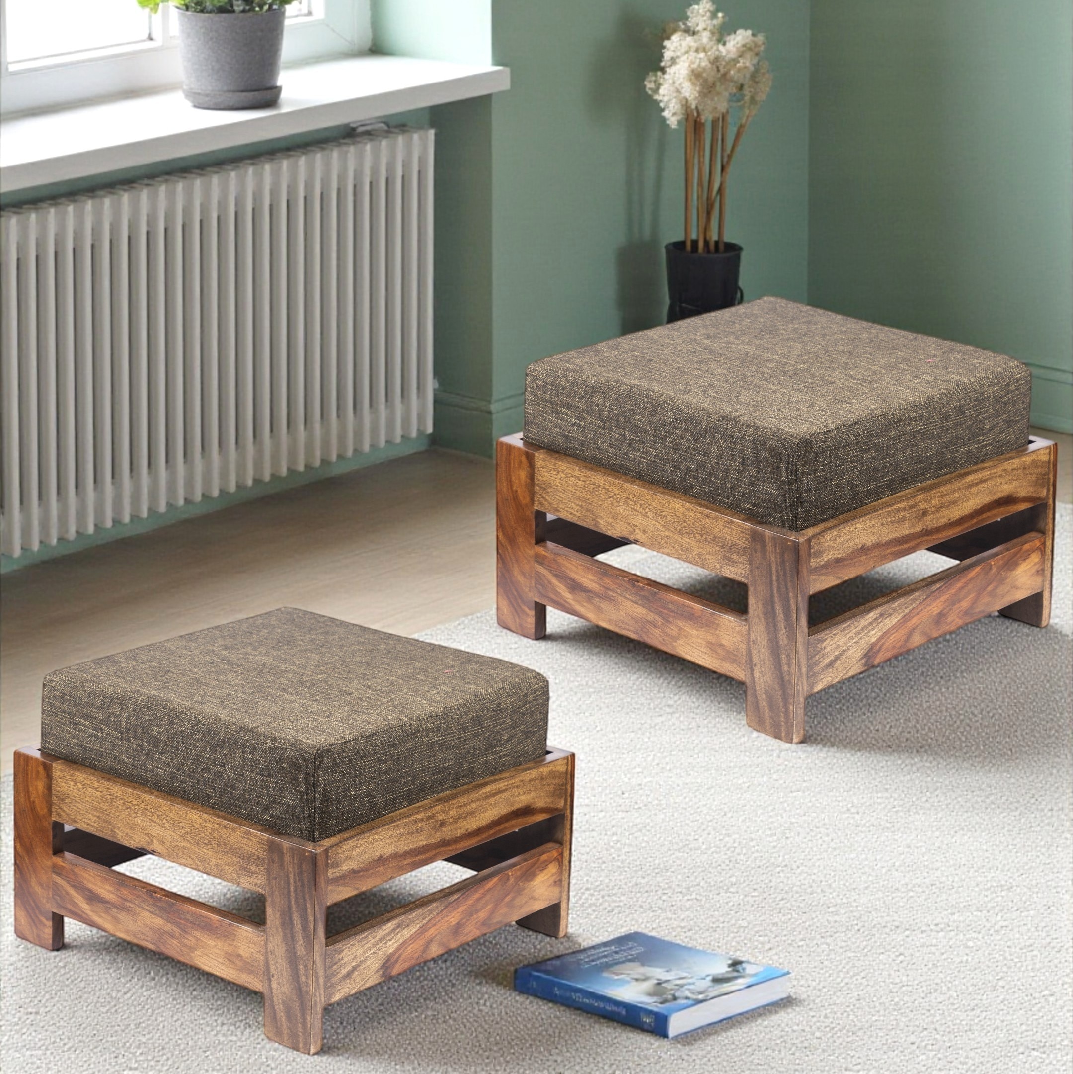 Amber Sheesham Wood Foot Stool in Teak Finish with Jute Brown Cushion