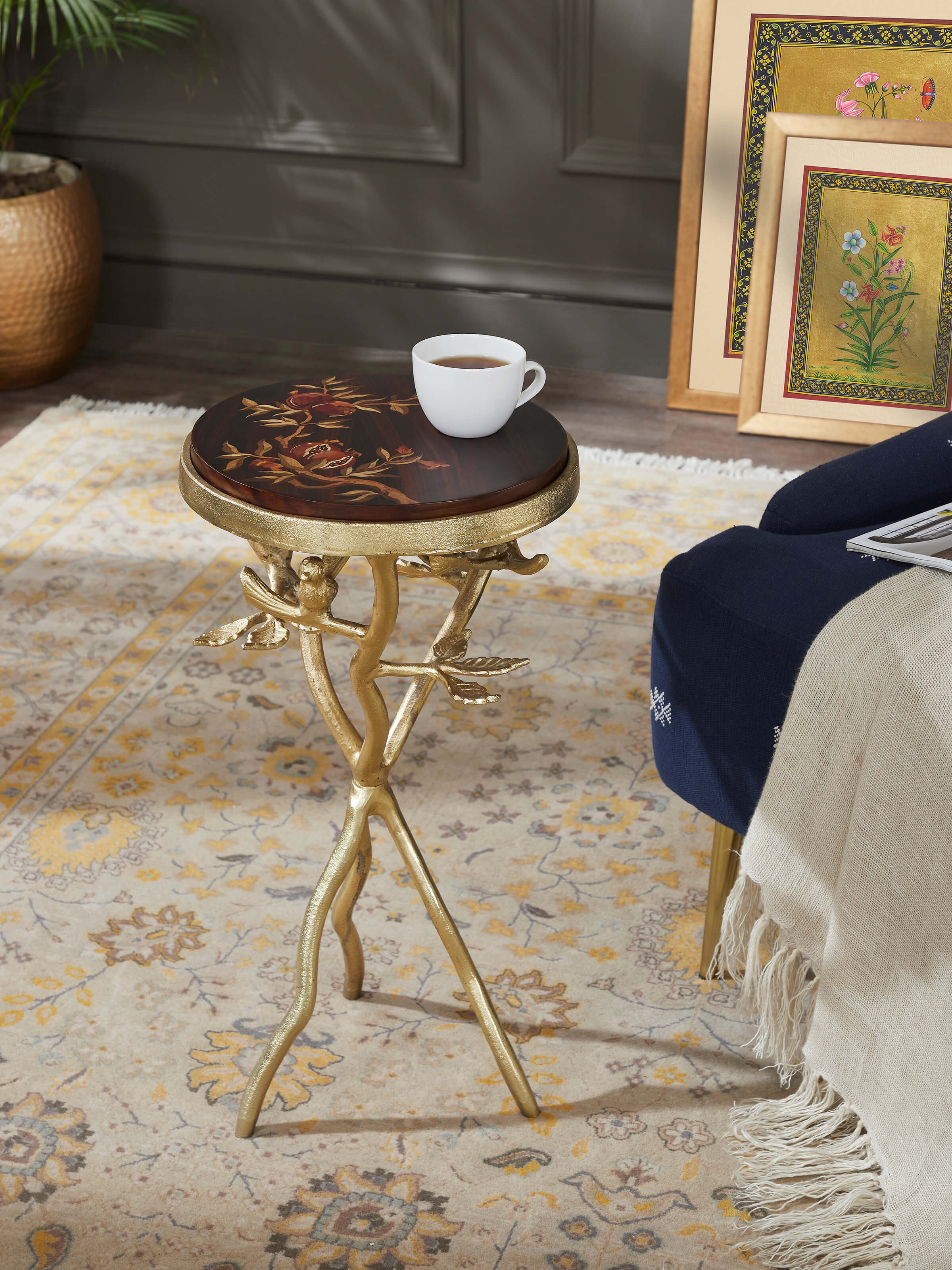 Side view of Mysore Rosewood Inlay End & Side Table highlighting its elegant design and fine craftsmanship.