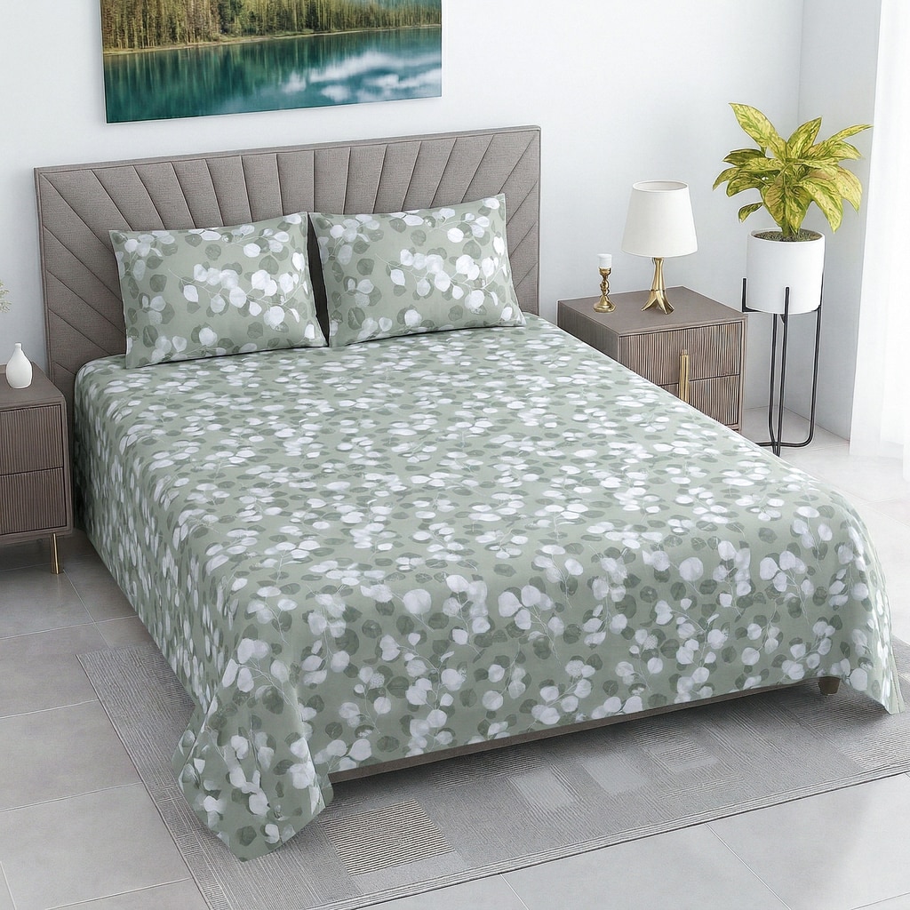 Kira Green Shade Floral 400 TC Cotton Flat Double Queen Size Bedsheet with 2 Pillow Covers – Threads - Threads