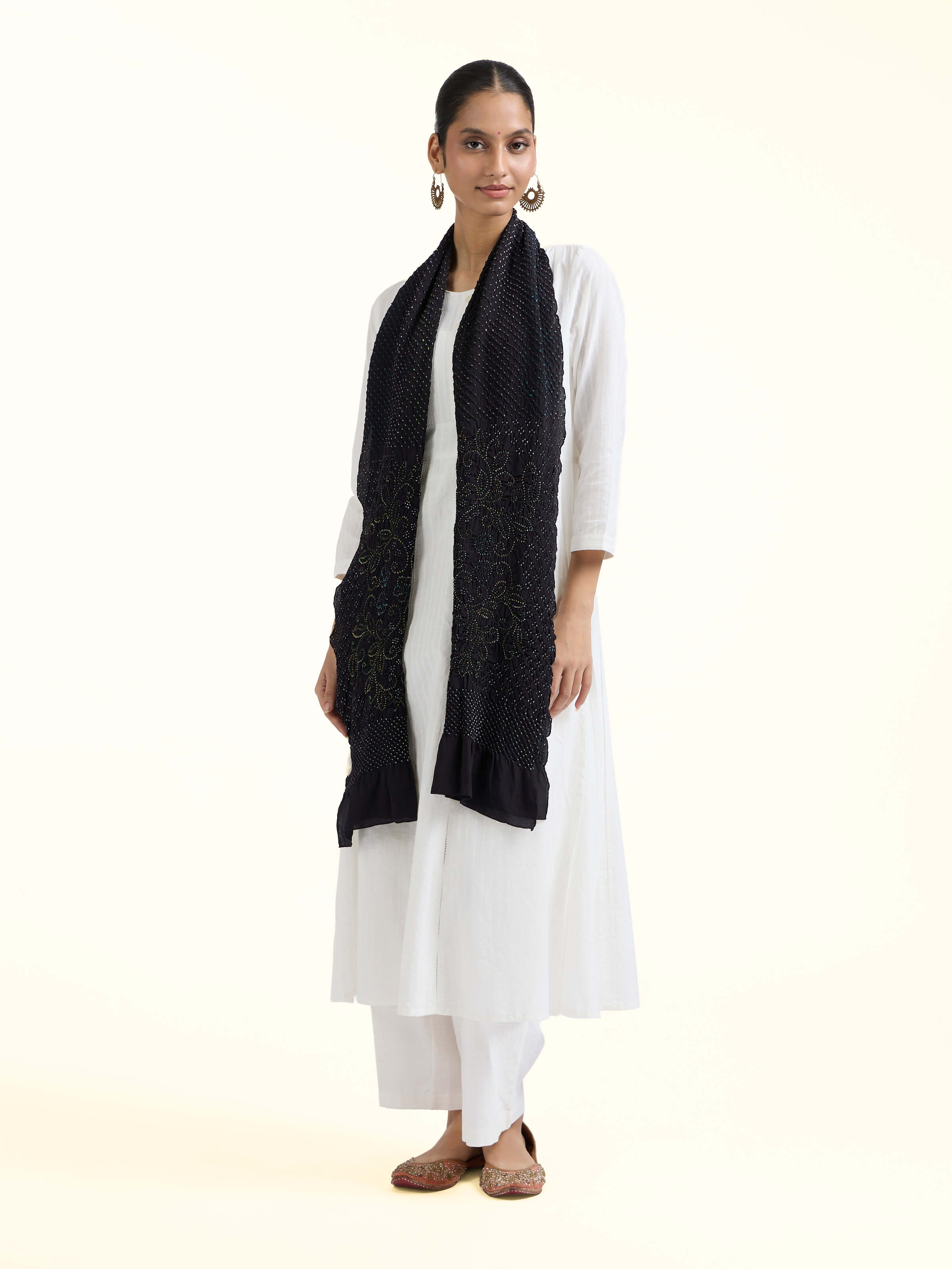 Side view of Black Bandhani Tie & Dye Silk Stole highlighting the detailed craftsmanship and elegant silhouette
