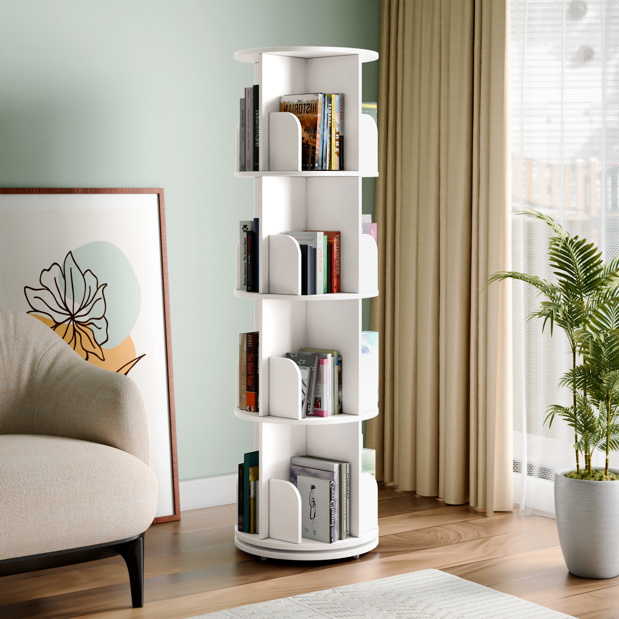 360° Rotating Bookshelf – 4 Tier Multi-Level Book Display and Storage Shelf, White Finish