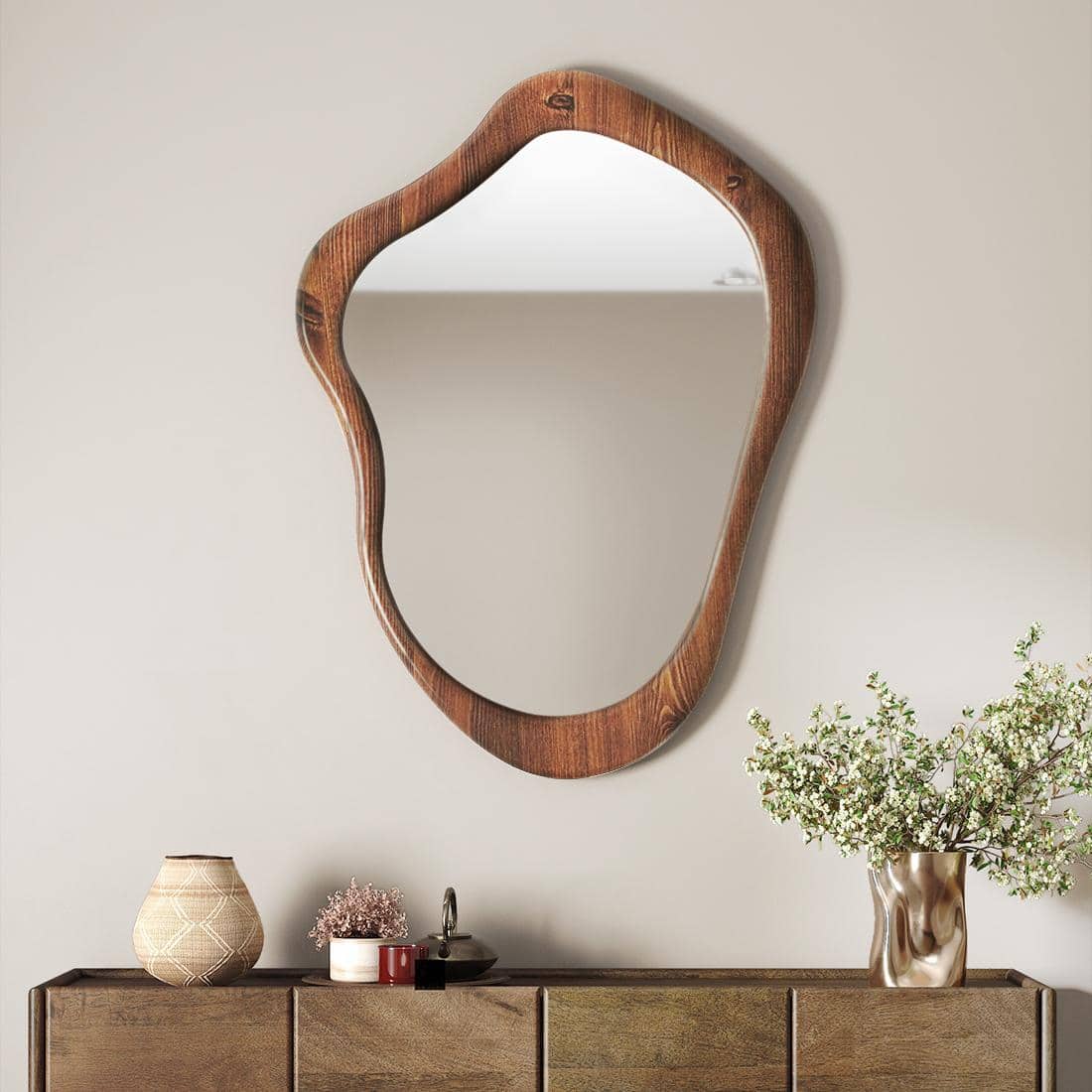 Oura Solid Wood Organic Wall Mirror in Teak Finish