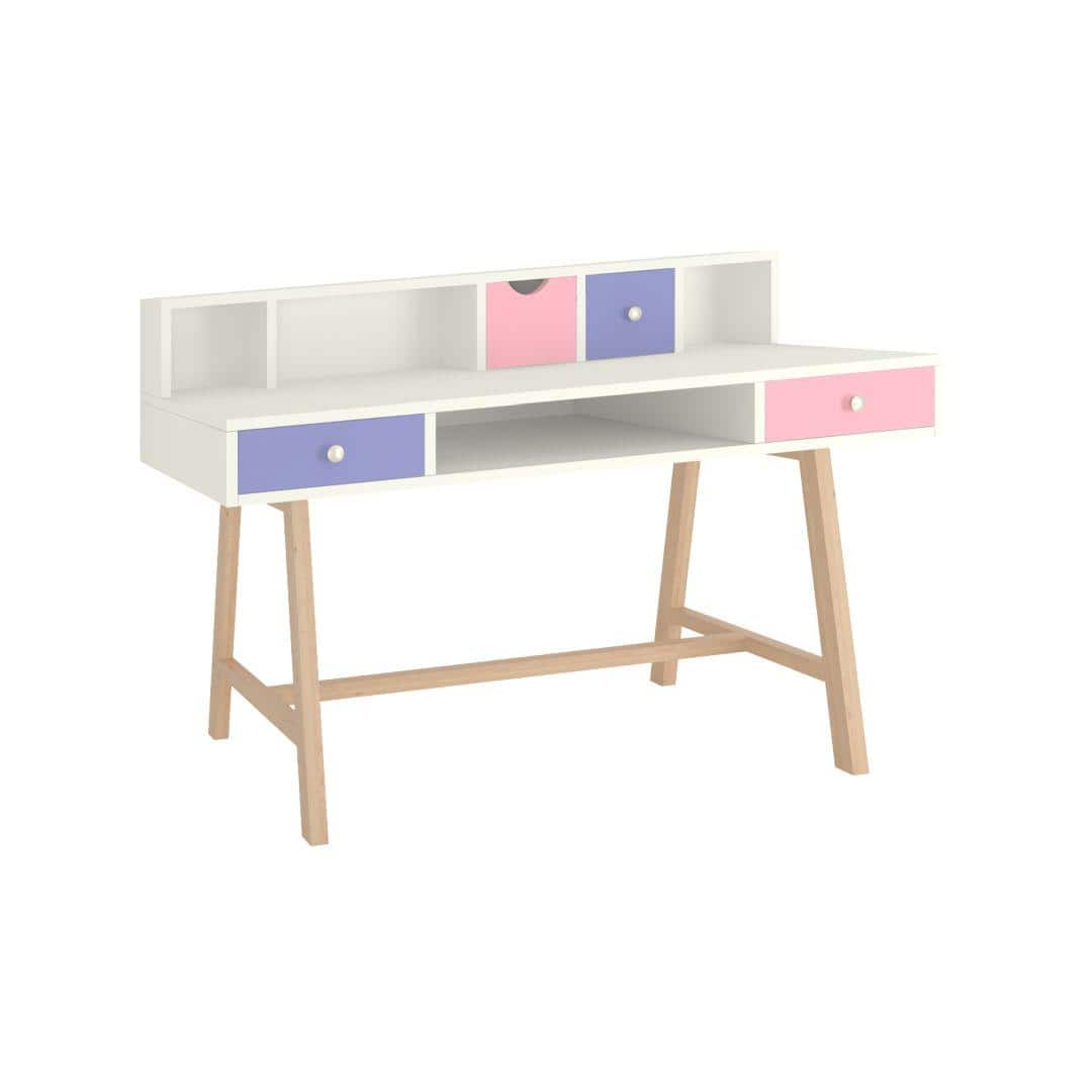 Samara Solid Wood Large 2 Level Study Desk with Drawers Shelves and Tapered Frame in English Pink Persian Lilac Colour