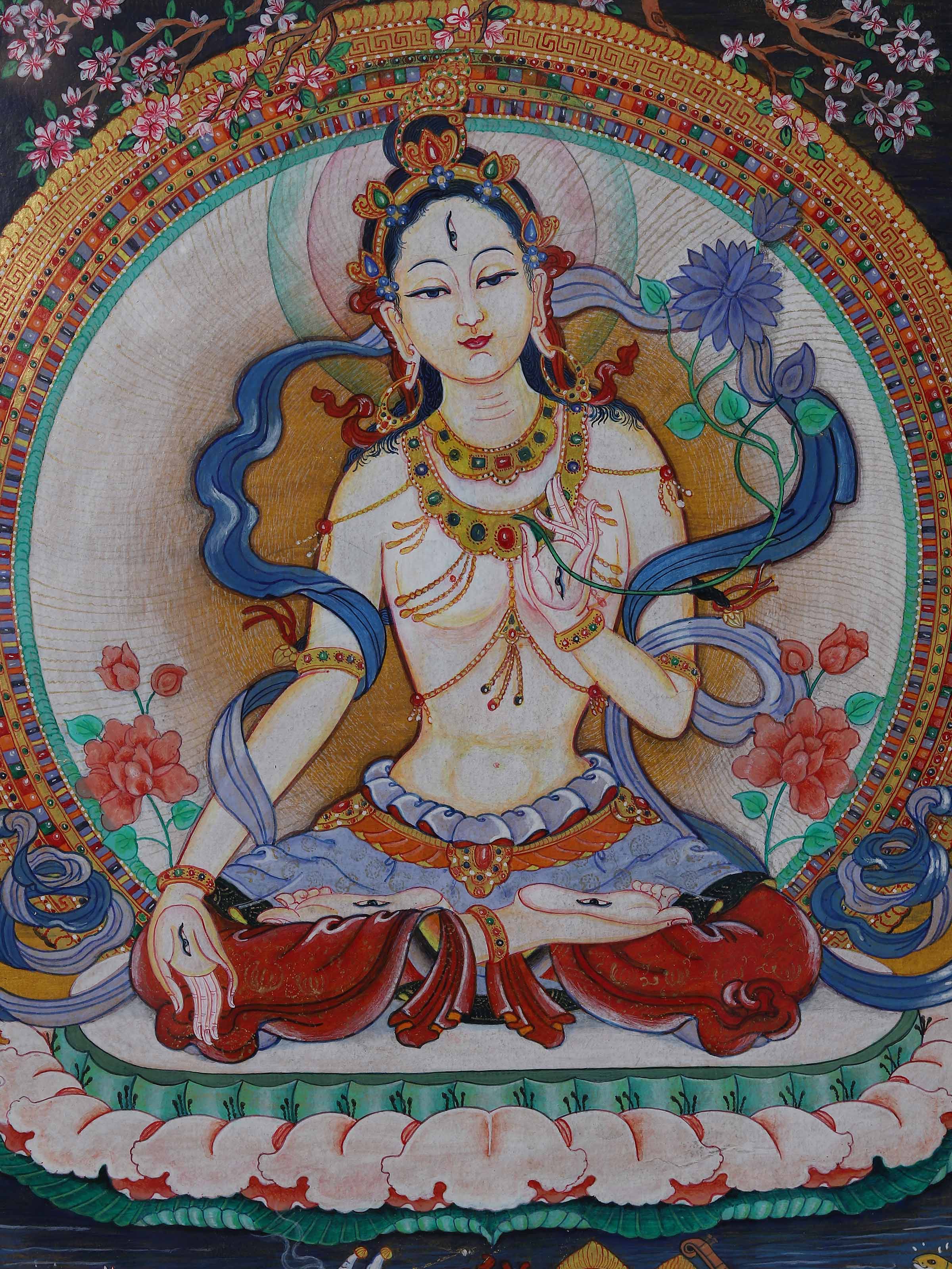 White Tara Thangka Elaborate Painting