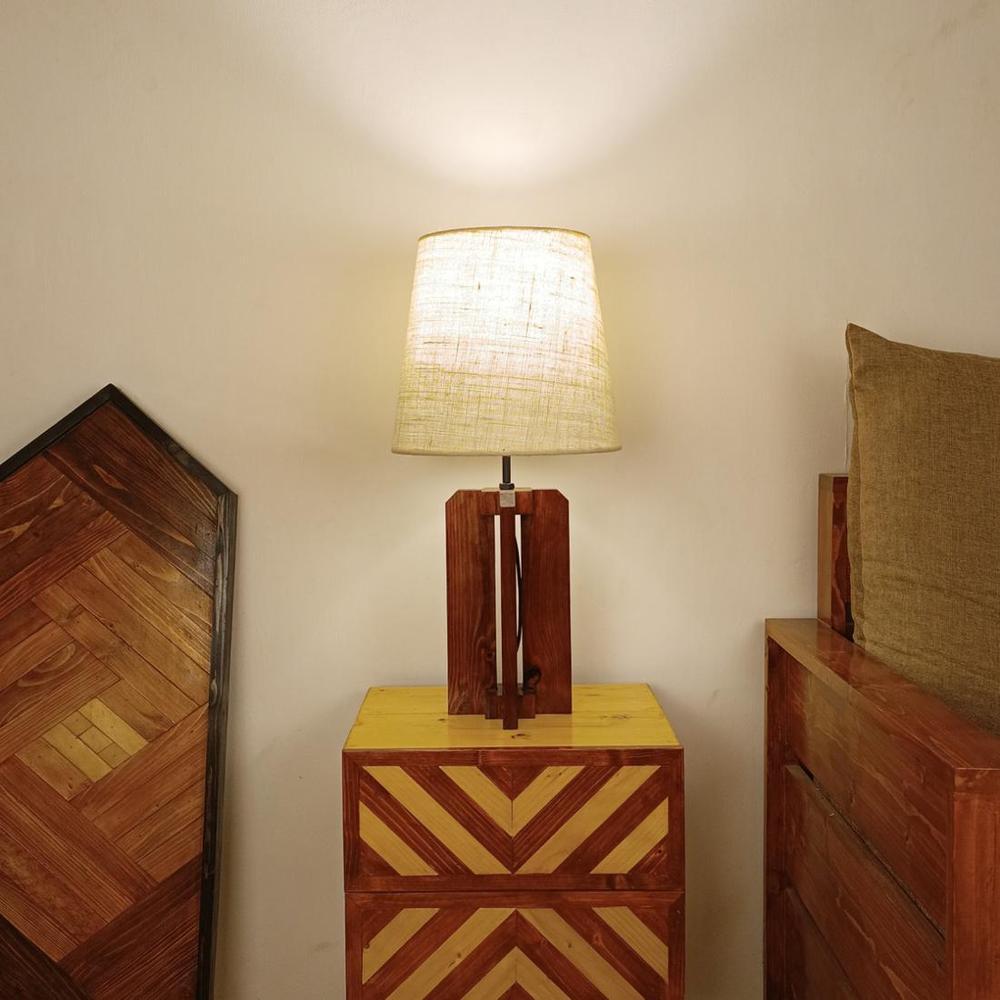 Stella Brown Wooden Table Lamp with White Fabric Lampshade