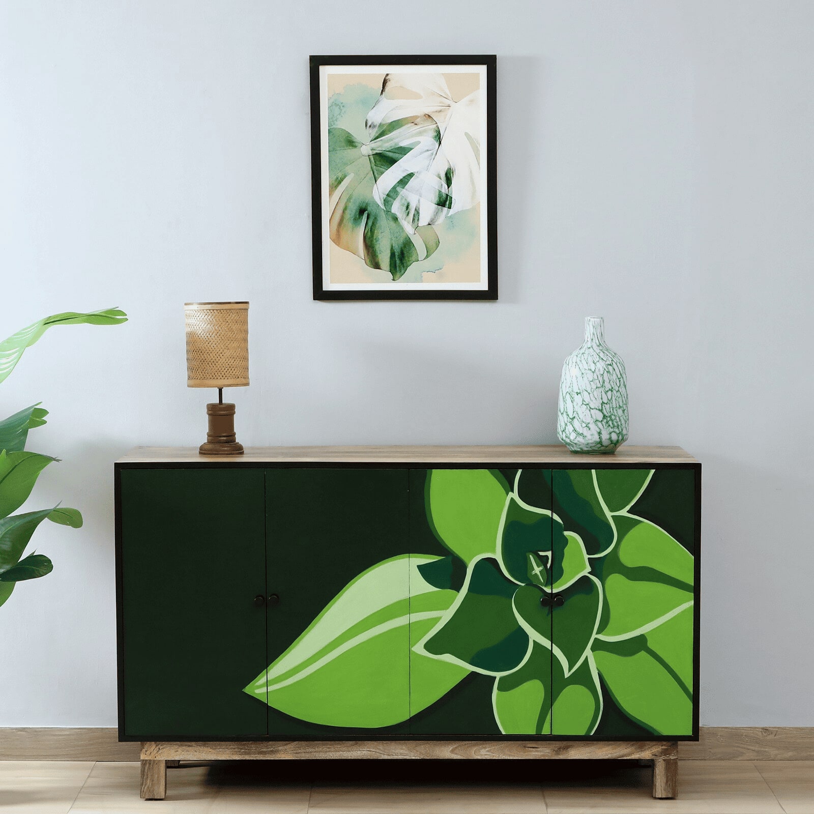 Vegas Mango Wood Hand Painted Multicolor 4 Door Cabinet In Natural Finish