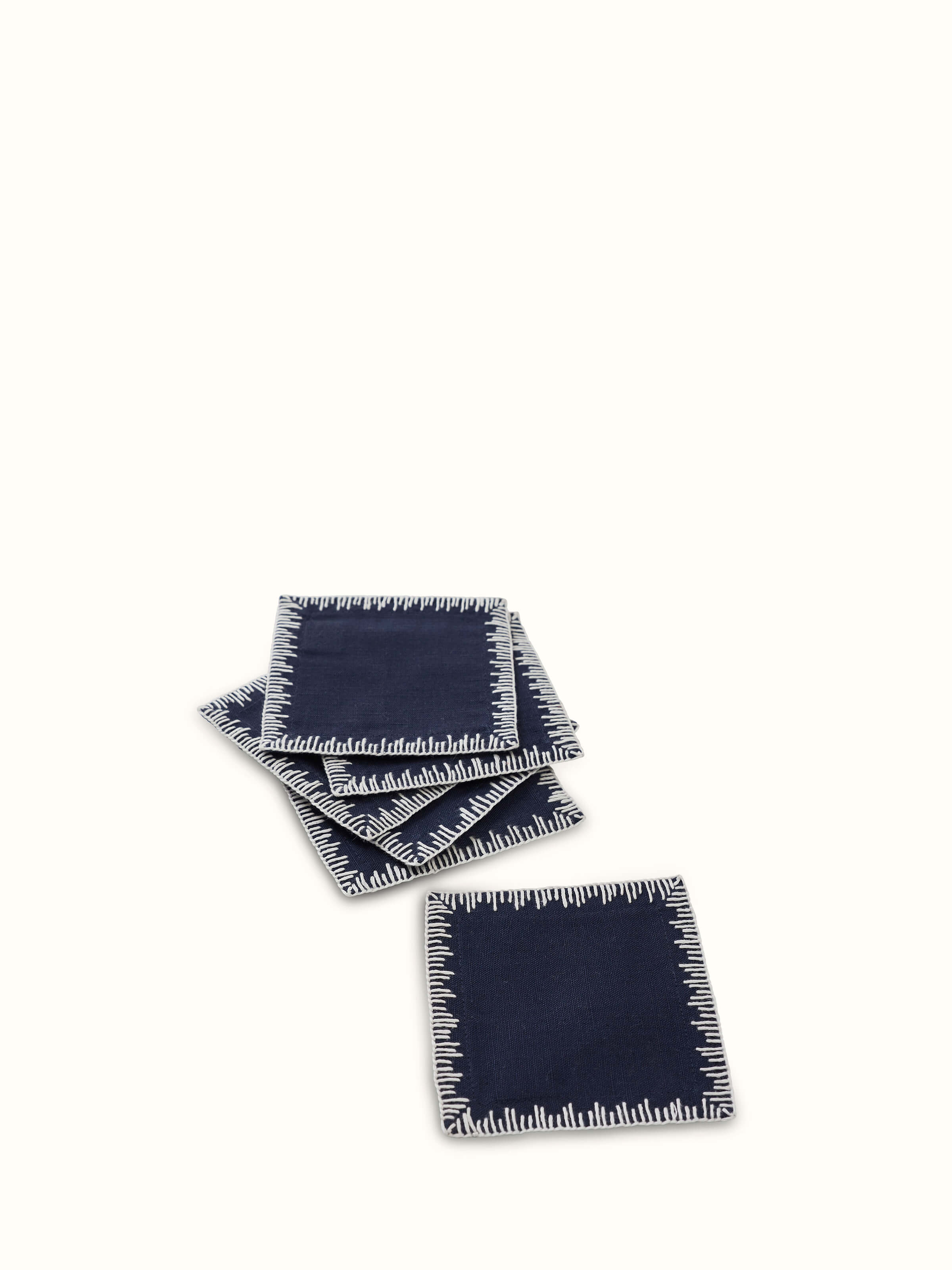 Parvat Indigo Edge Stitch Linen Cotton Hand Embroidered Coaster (6 Pcs)