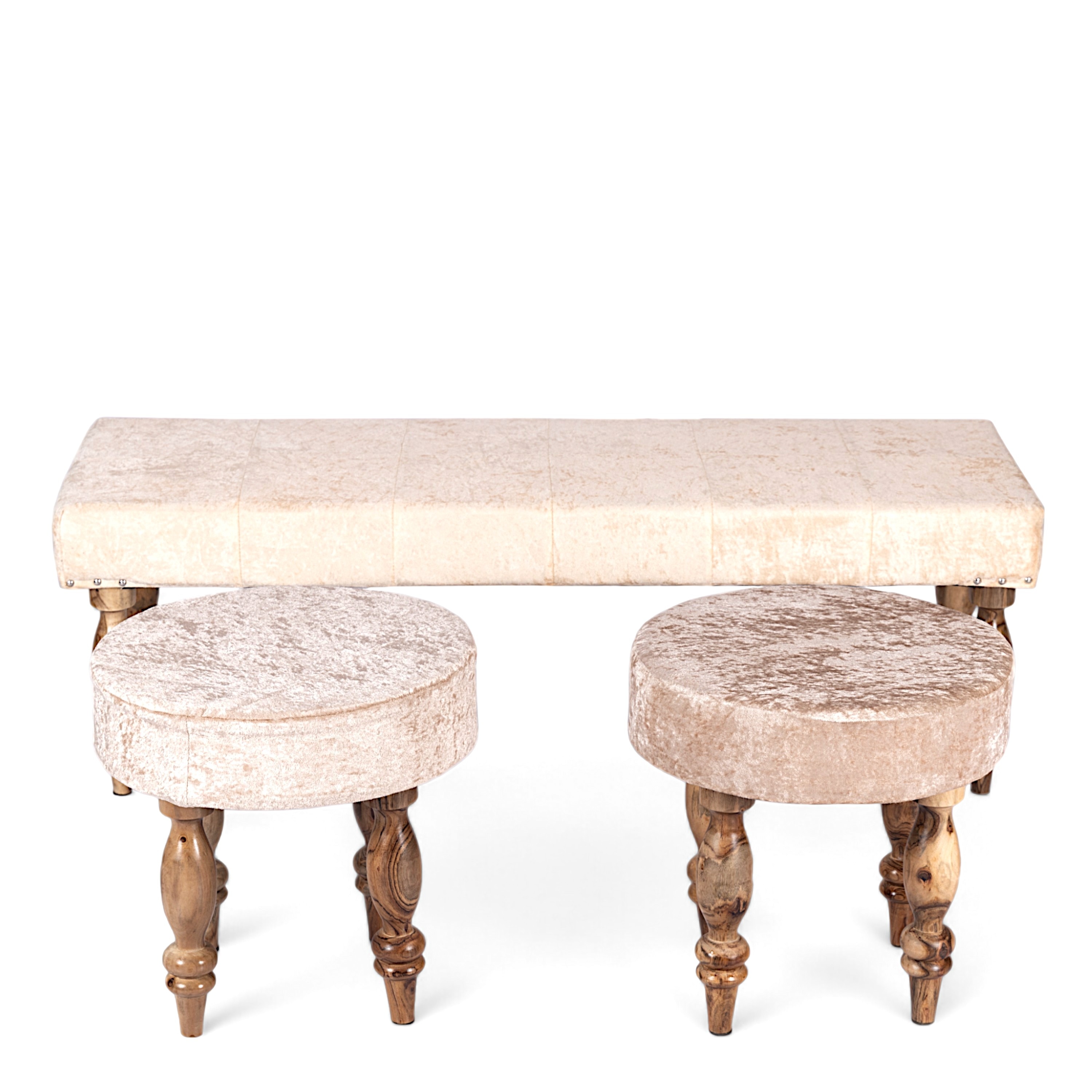 Cairo Sheesham Wood Accent 3+1+1 Seater Bench Set With 2 Stools In Beige Sparkle Velvet