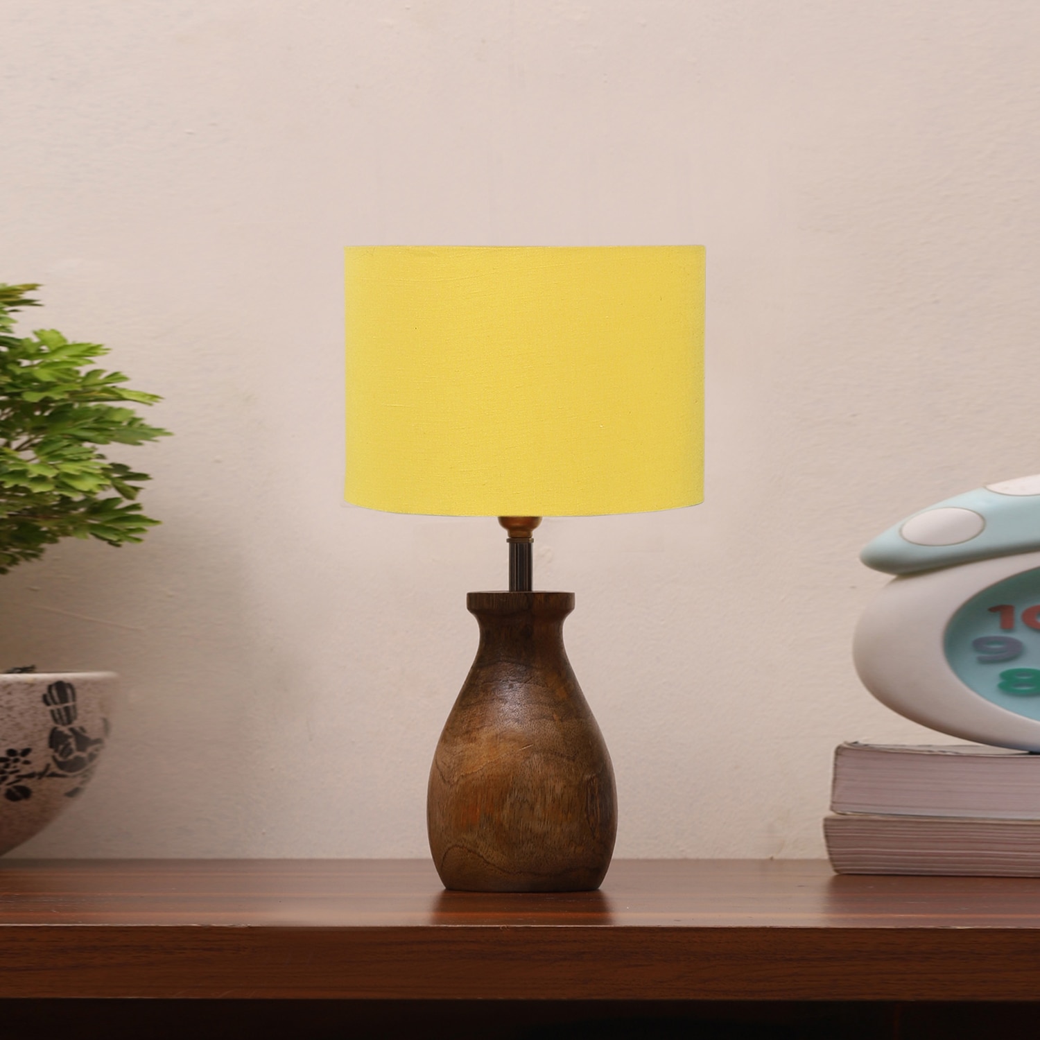 Devansh Yellow Cotton Table Lamp With Wood Natural Base (7X13 Inches)-6