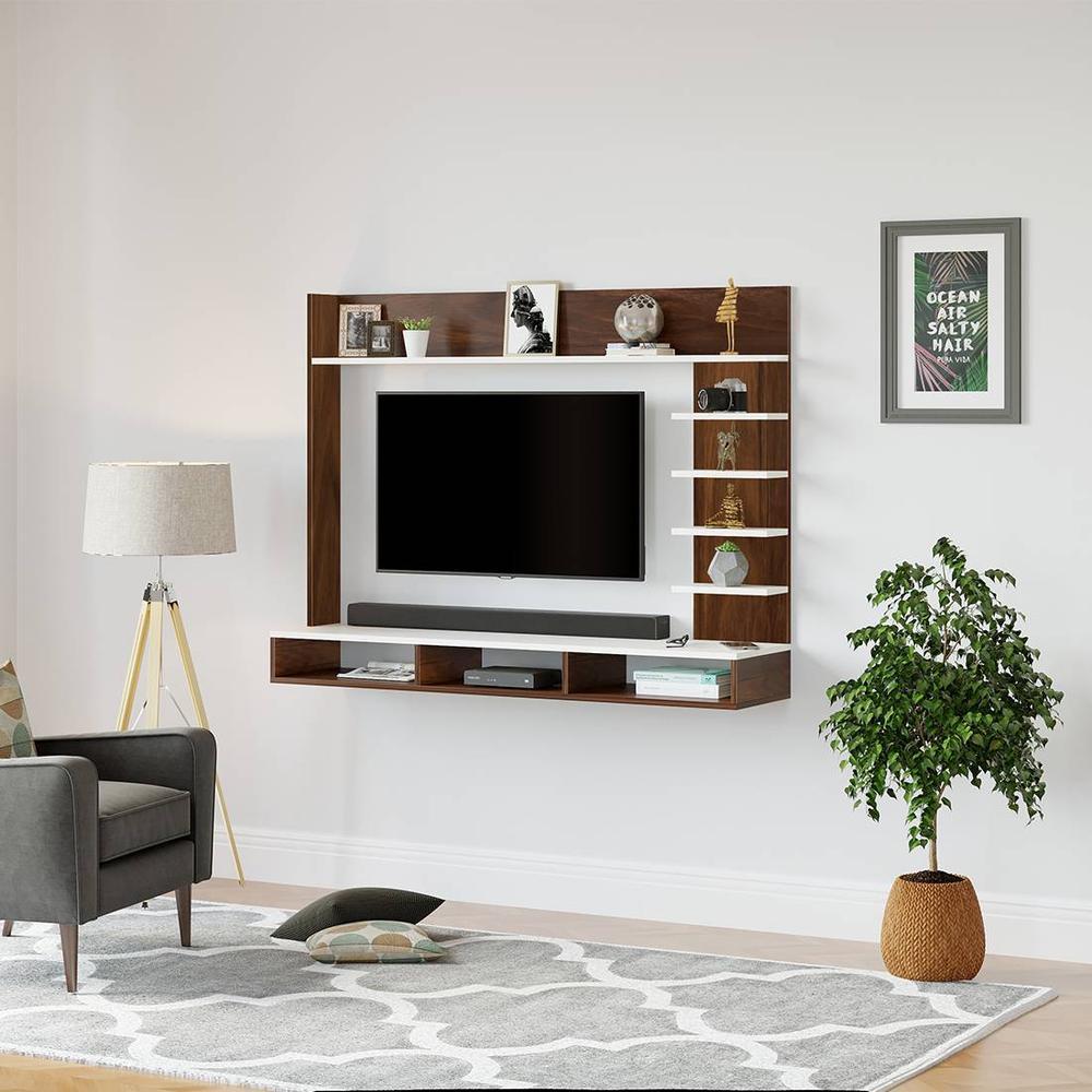 Primax Grande Engineering Wood Wall Mount TV Entertainment Unit Set Top Box Stand/TV Cabinet with Shelves for Books & Décor Display Unit Bed Living Room Upto 42 Inches (Brown Maple & White)
