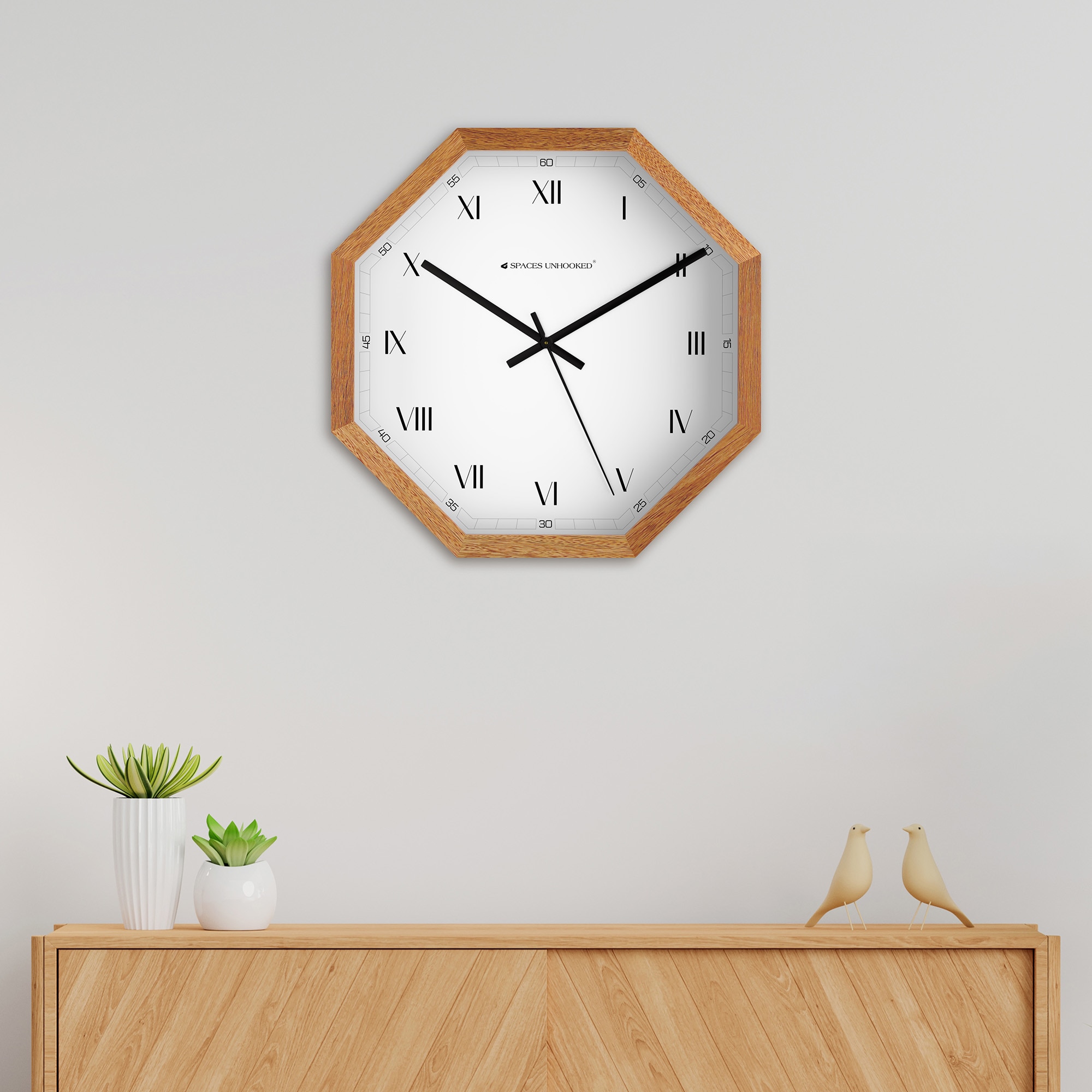 Octagonal Wooden Wall Clock with Dual Index - Spaces Unhoooked