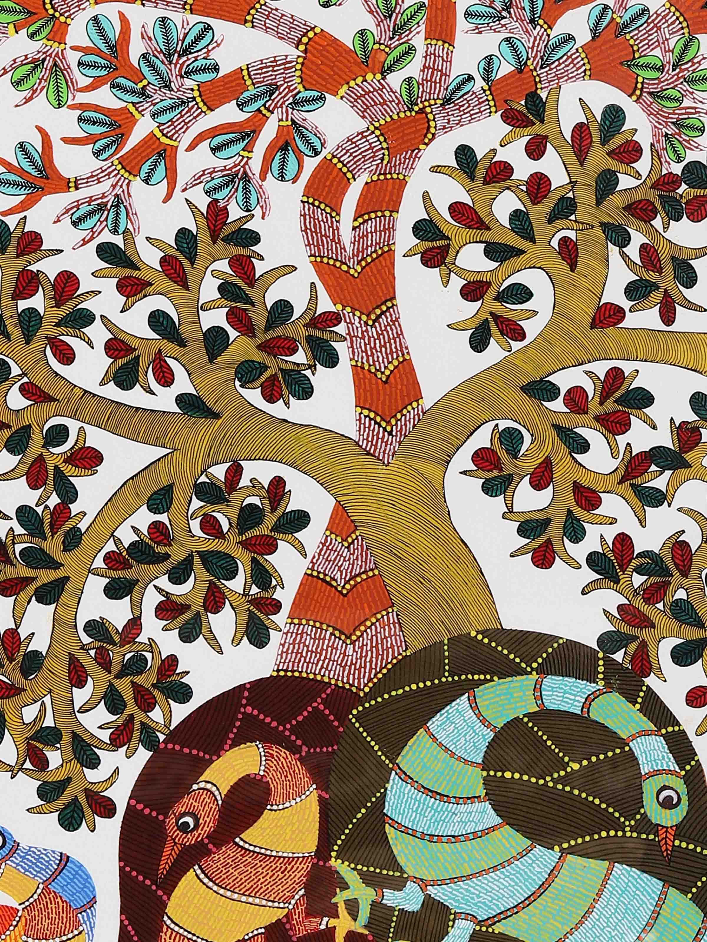 Peafowls Under Tree Gond Painting