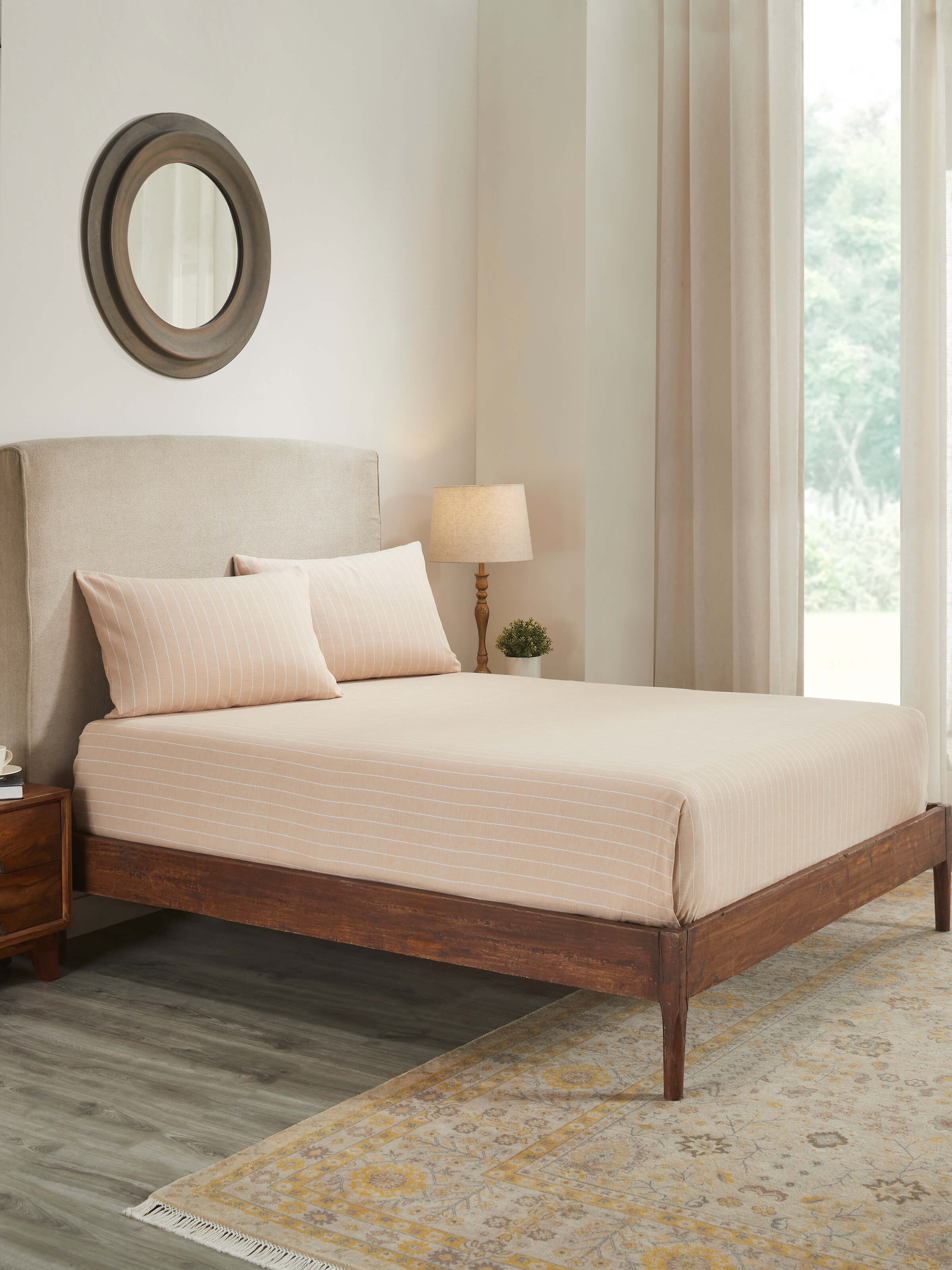 Keshod Handloom Cotton Beige Chambray Stripe King-size Bedsheet Set