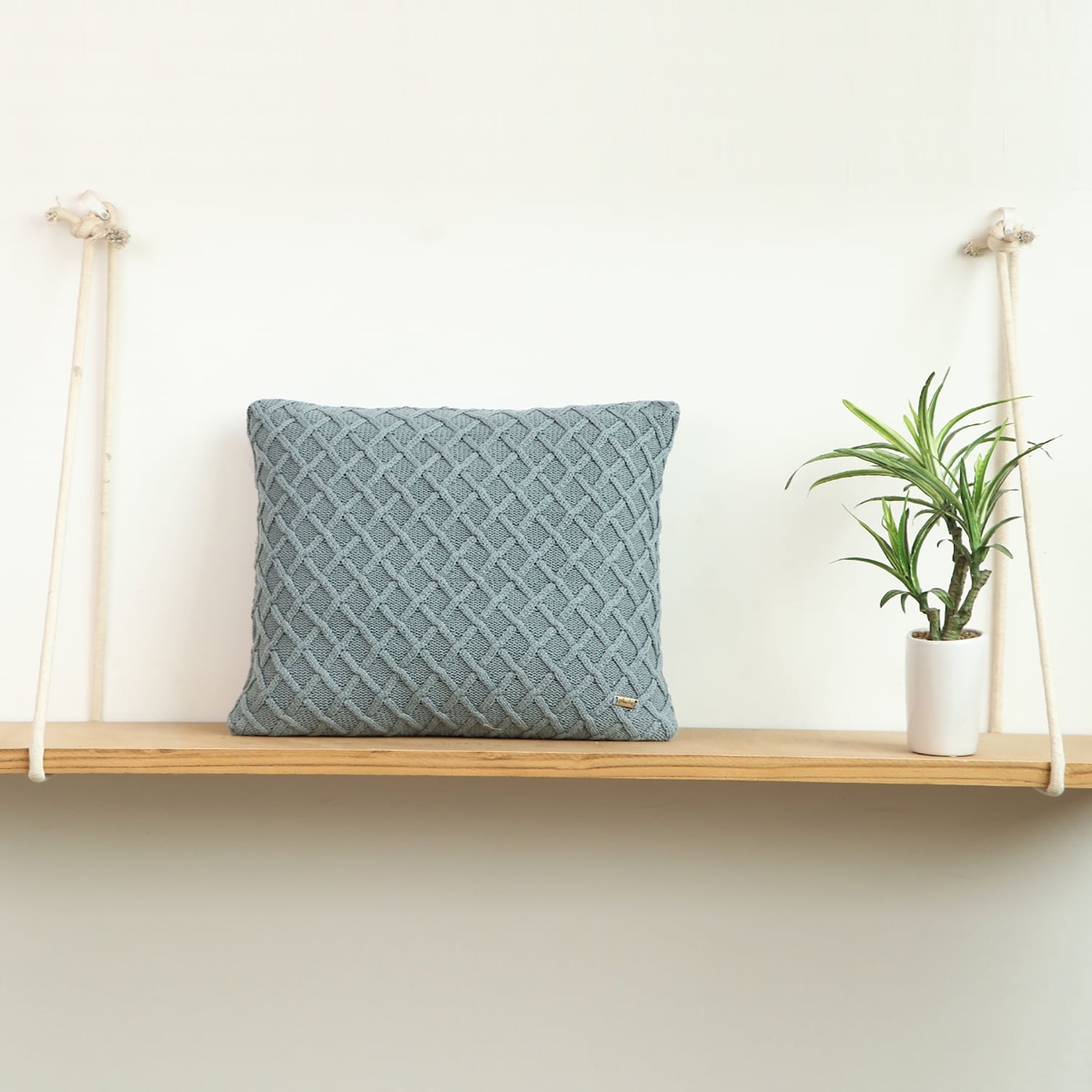 Crest Blue Grey Cotton Cushion Cover 16X16  Inches - Pluchi