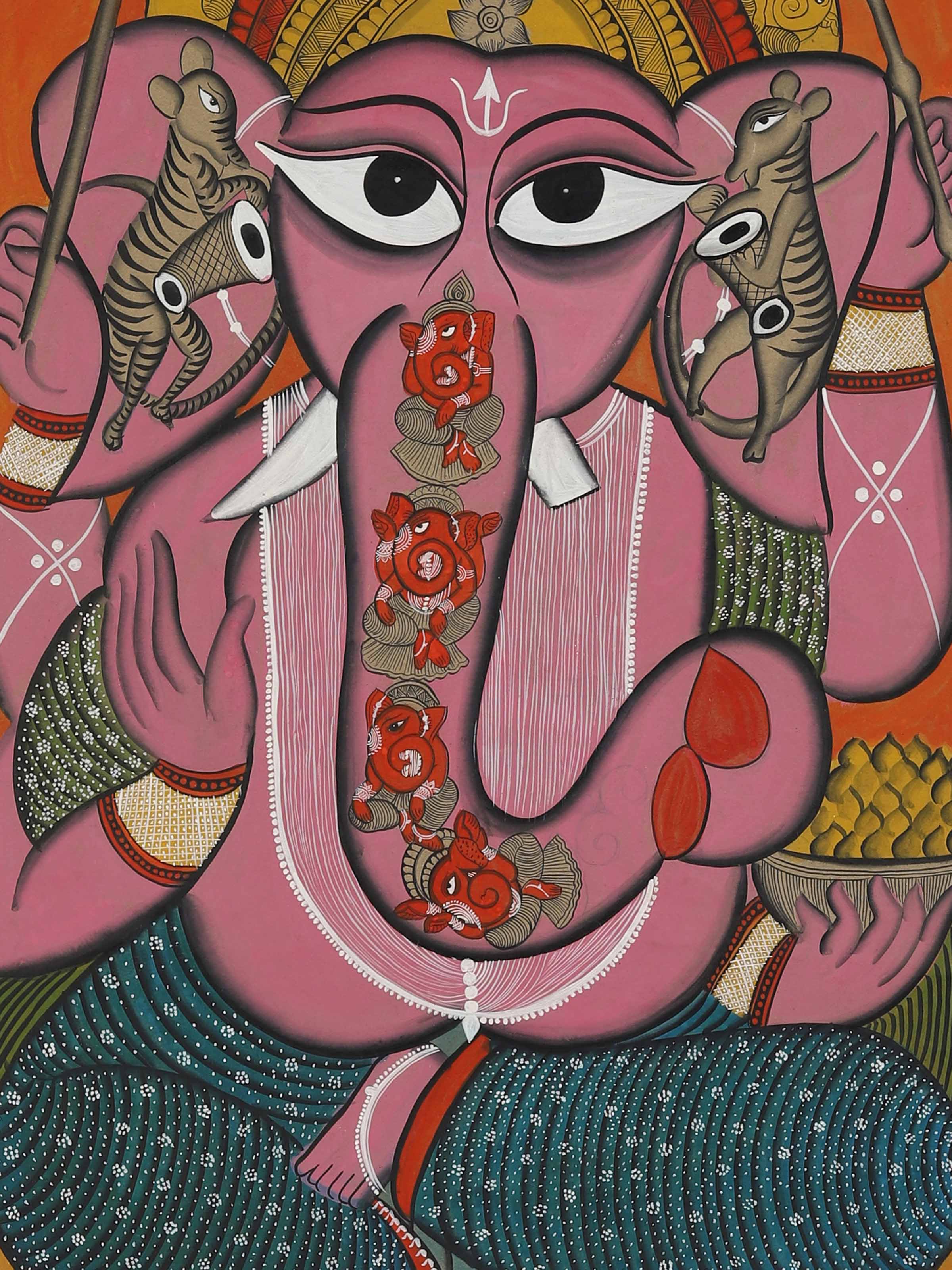 Detail close-up of Ganesha Kalighat painting highlighting brushwork and lines