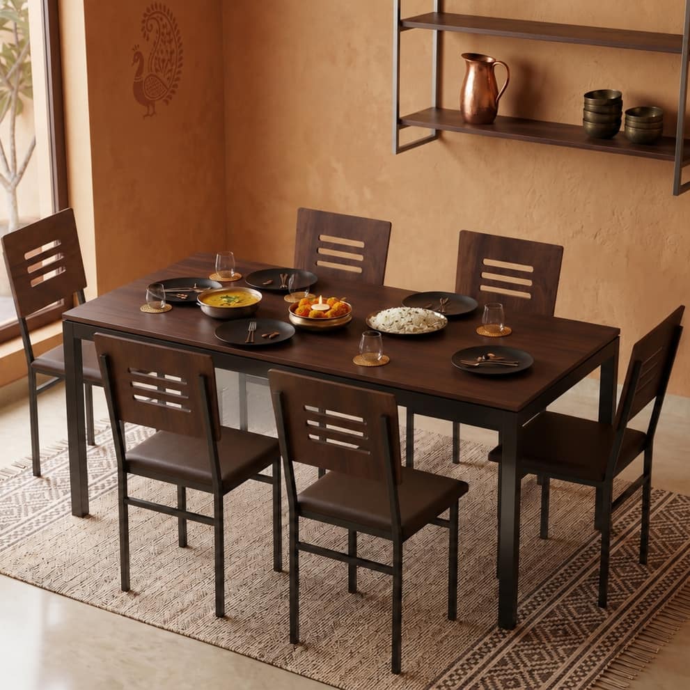 Holven 6 Seater Rectangular Dining Table Set with Chair Brown Maple & Black