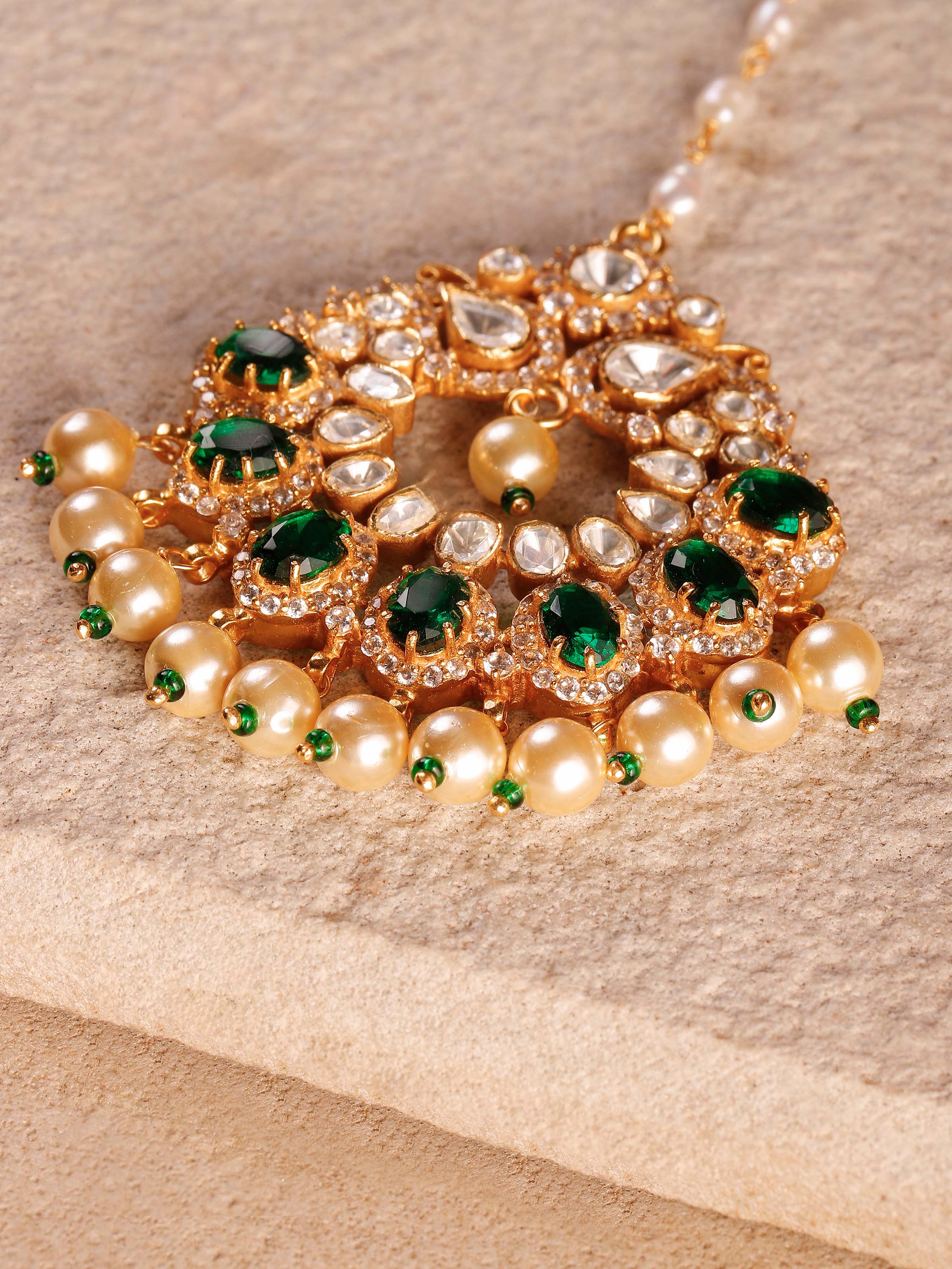 Lifestyle view of dank polki silver maang tika