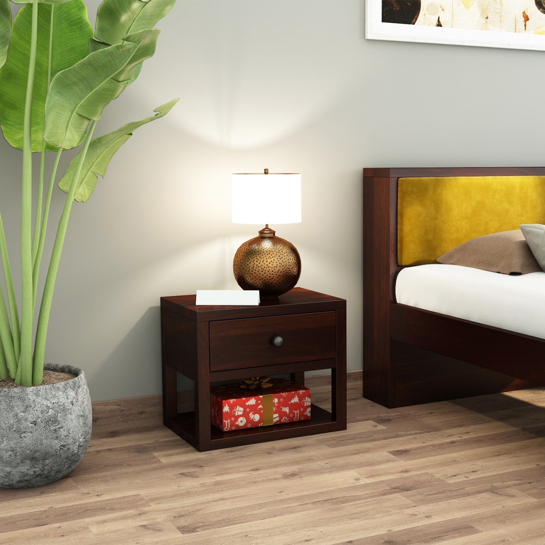 Stanfiled Solid Wood Bedside Table in Walnut Finish