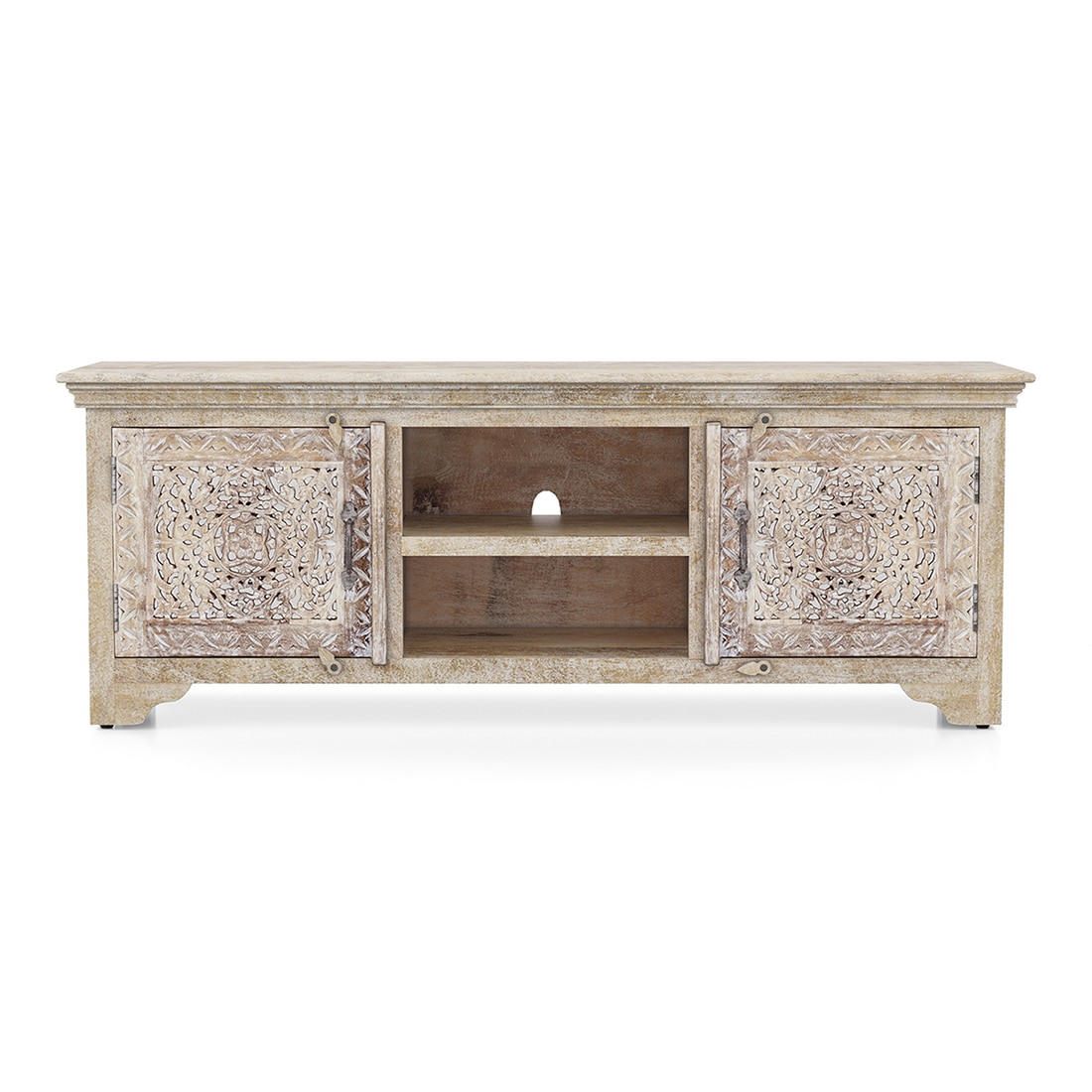 Anokhi Solid Wood Free Standing TV Unit In Rustic White Finish