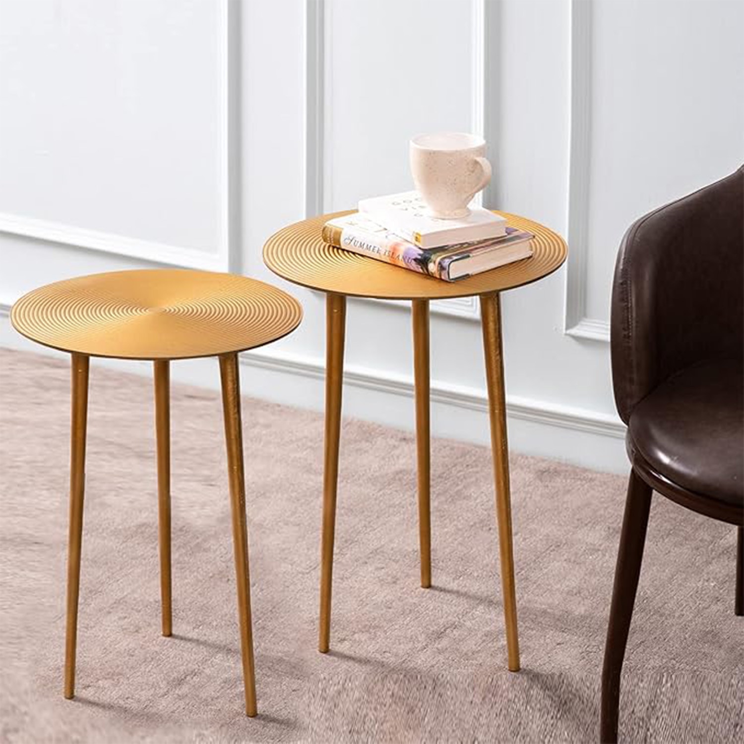 Cosmo Aluminium Rings End Table in Gold Color Set of 2 - Nestroots