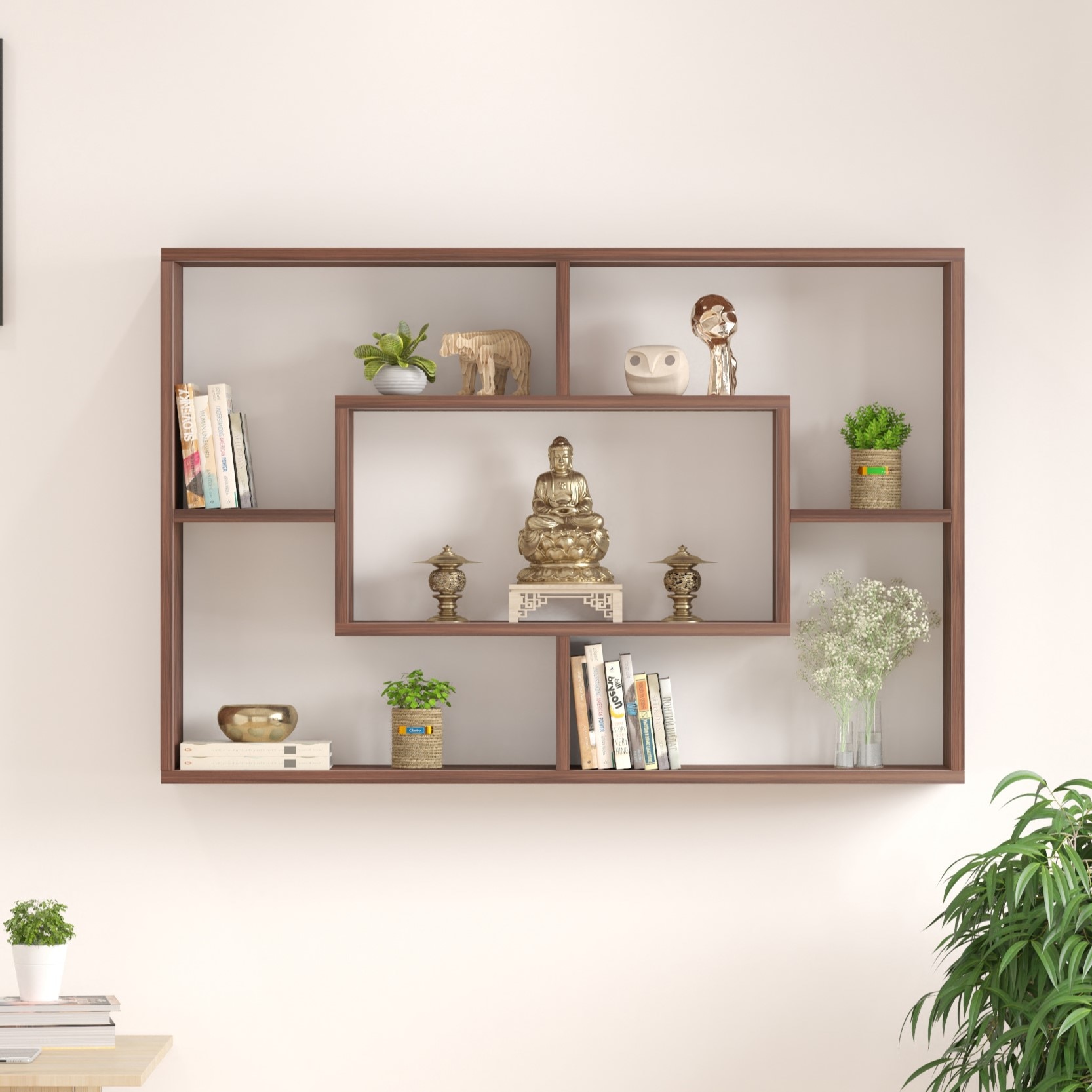 BLUEWUD Crafte Engineered Wood Wall Decor Floating Shelf Display Rack Decorative Hall D�cor for Living Room Home Furniture (Brown Maple)