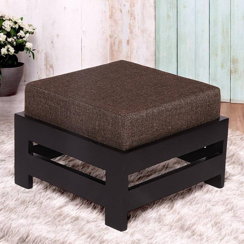 Kumkum Sheesham Wood Foot Stool in Dark Walnut Finish with Jute Brown Cushion