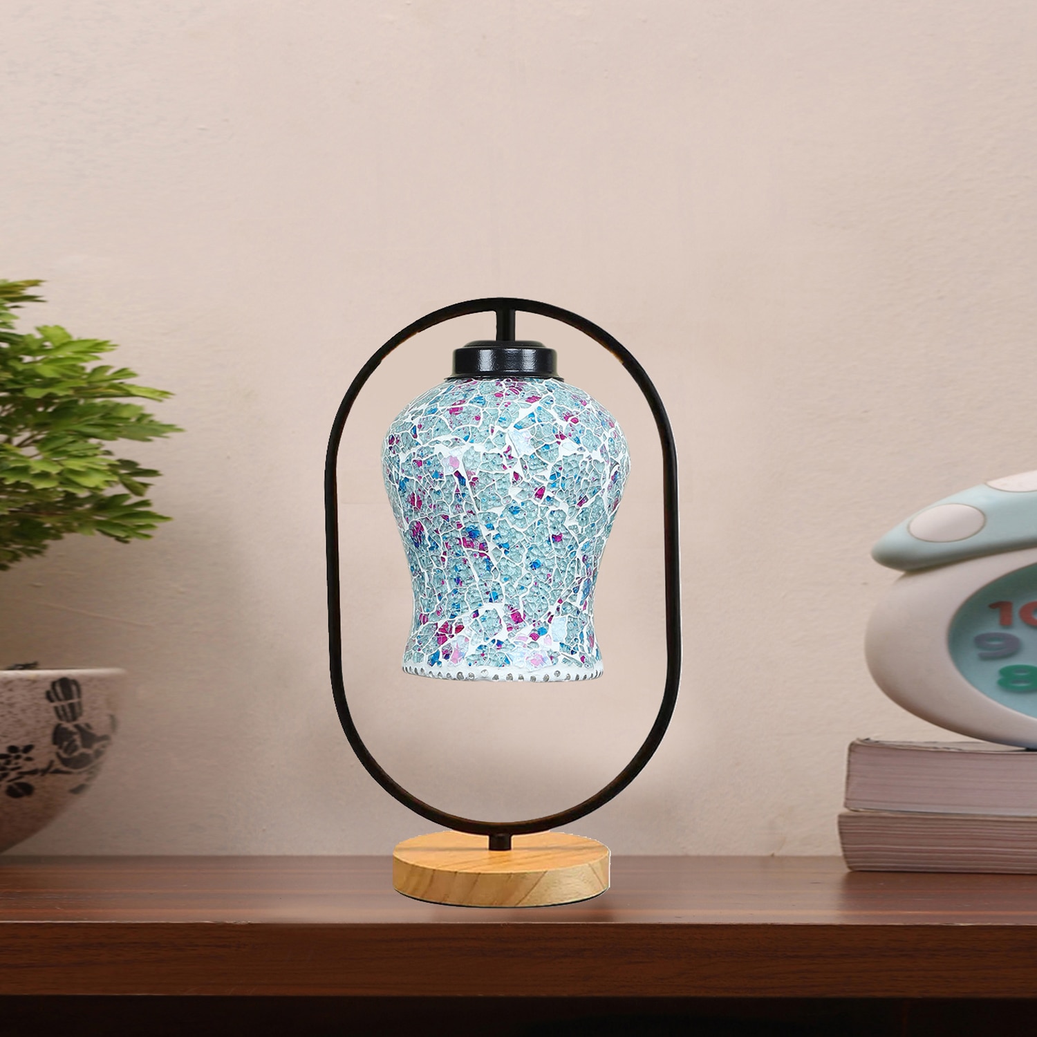 Devansh Multicolor Glass Wooden & Iron Table Lamp -17 Inch Height -Aka