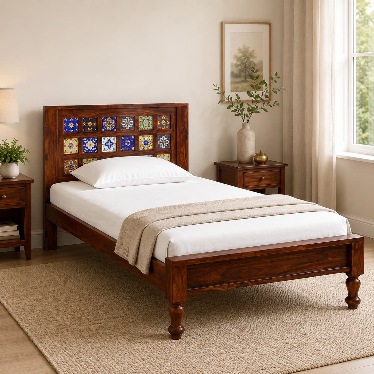 Rangrez Sheesham Wood Single Size Non Storage Bed in Honey Oak Finish - Woodenmood