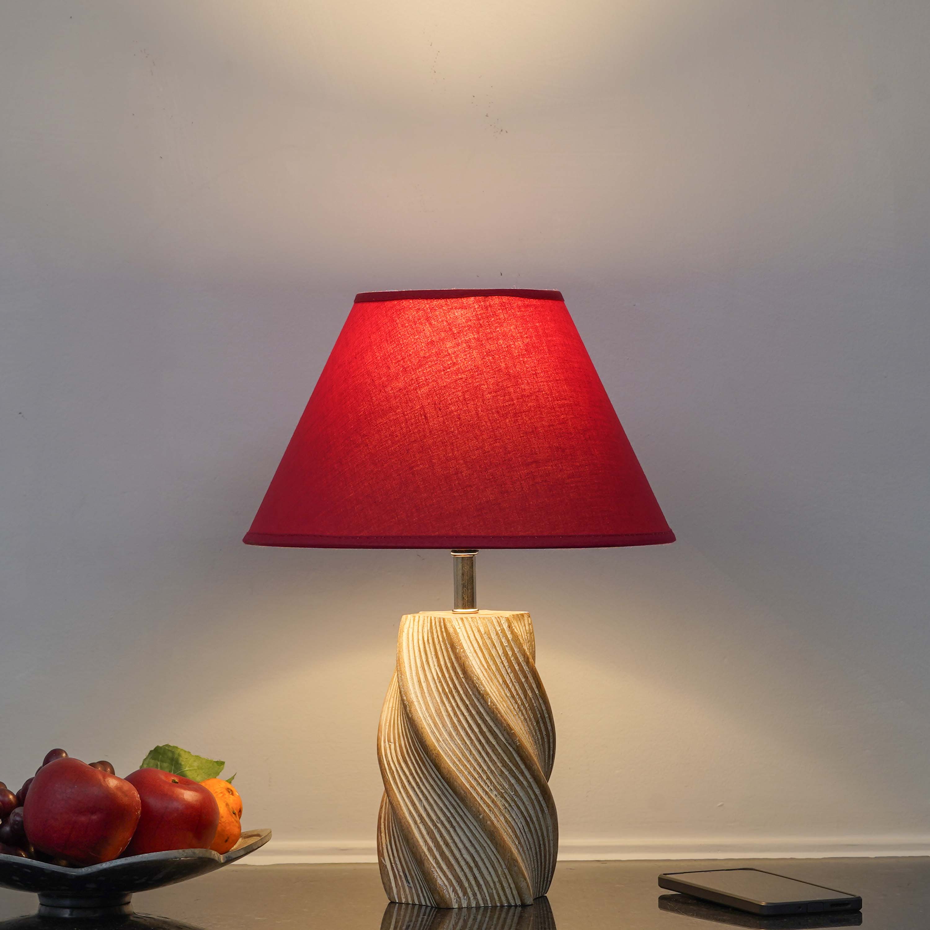 BURFORD Small Distress White Finish  Wood Table Lamp With Maroon Cotton Shade - Kapoor Lamp Shades