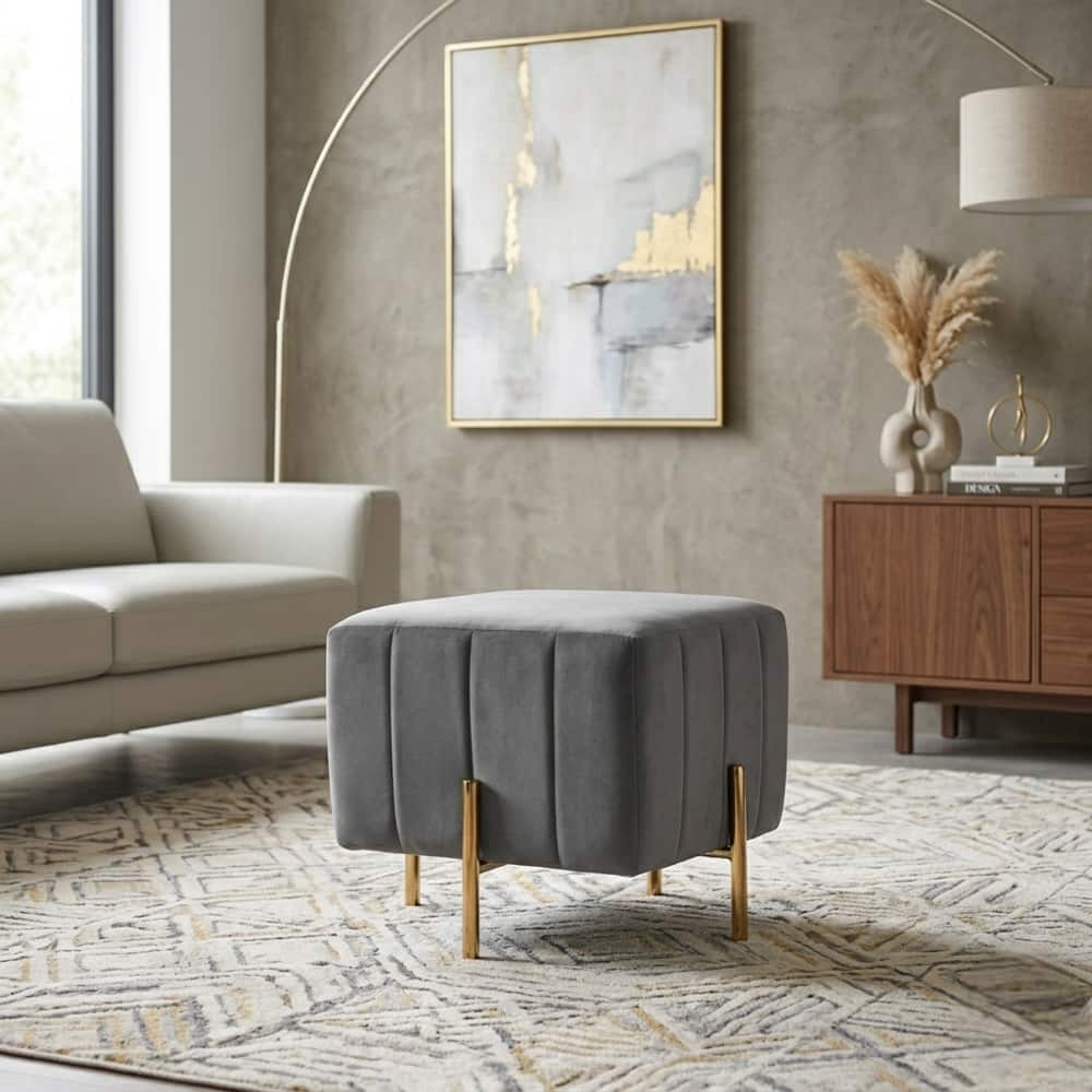 Doe Buck Adirondack Channel Tufted Velvet Ottoman Stool in Grey Colour with Gold Legs - Doe Buck