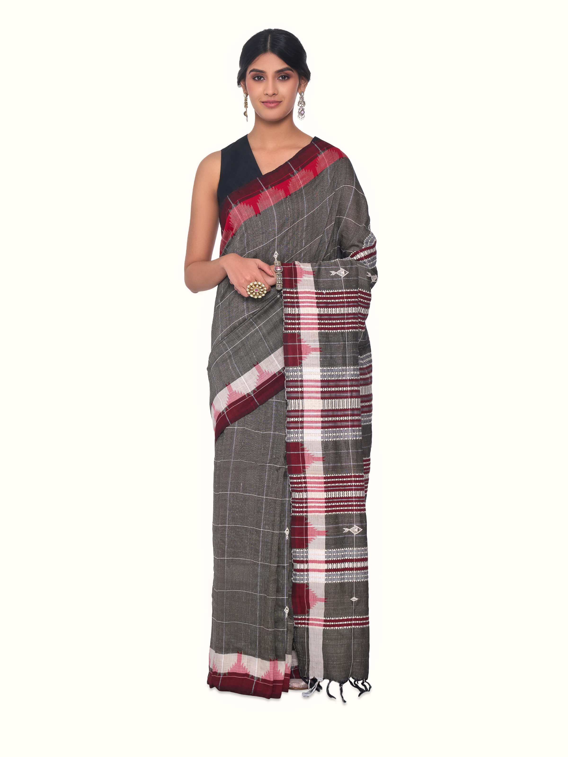 Front view of brown cotton tussar silk Kotpad saree showcasing earthy hue and handwoven pattern