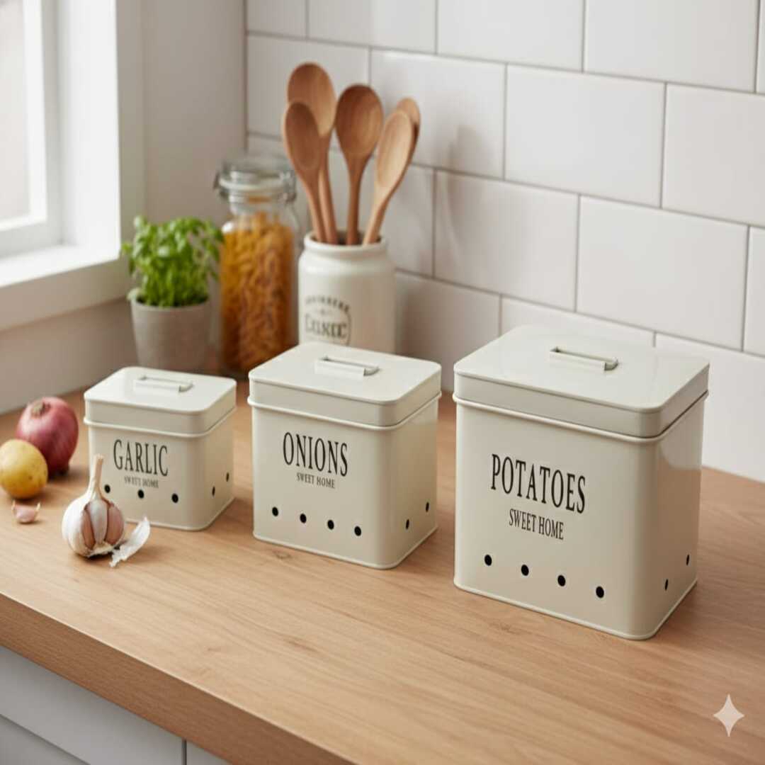 Galvanized Rectangular Metal Onion Potato Garlic Storage Container Set In Beige Colour