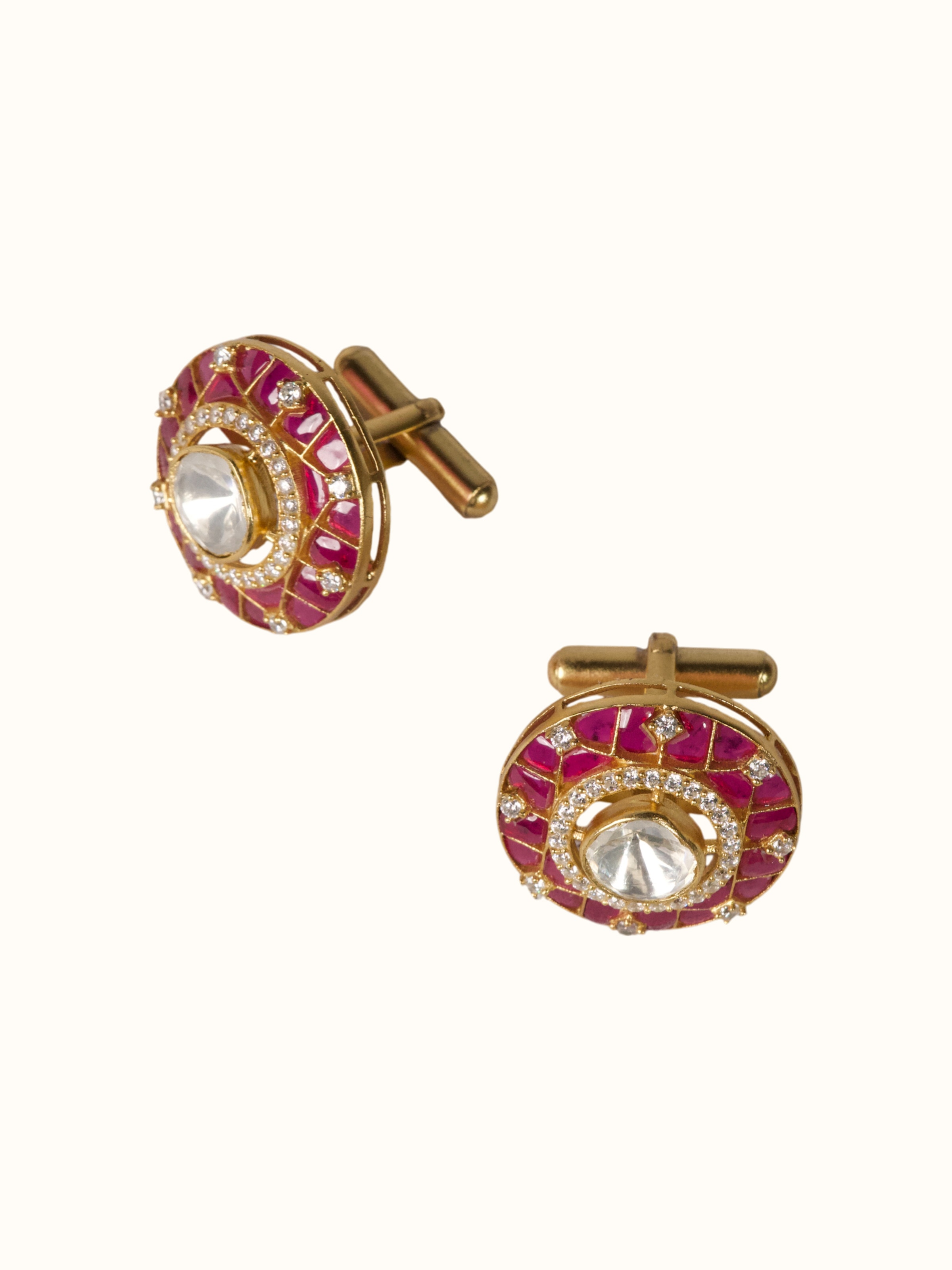 angled view of silver smithing gold plated cufflinks set