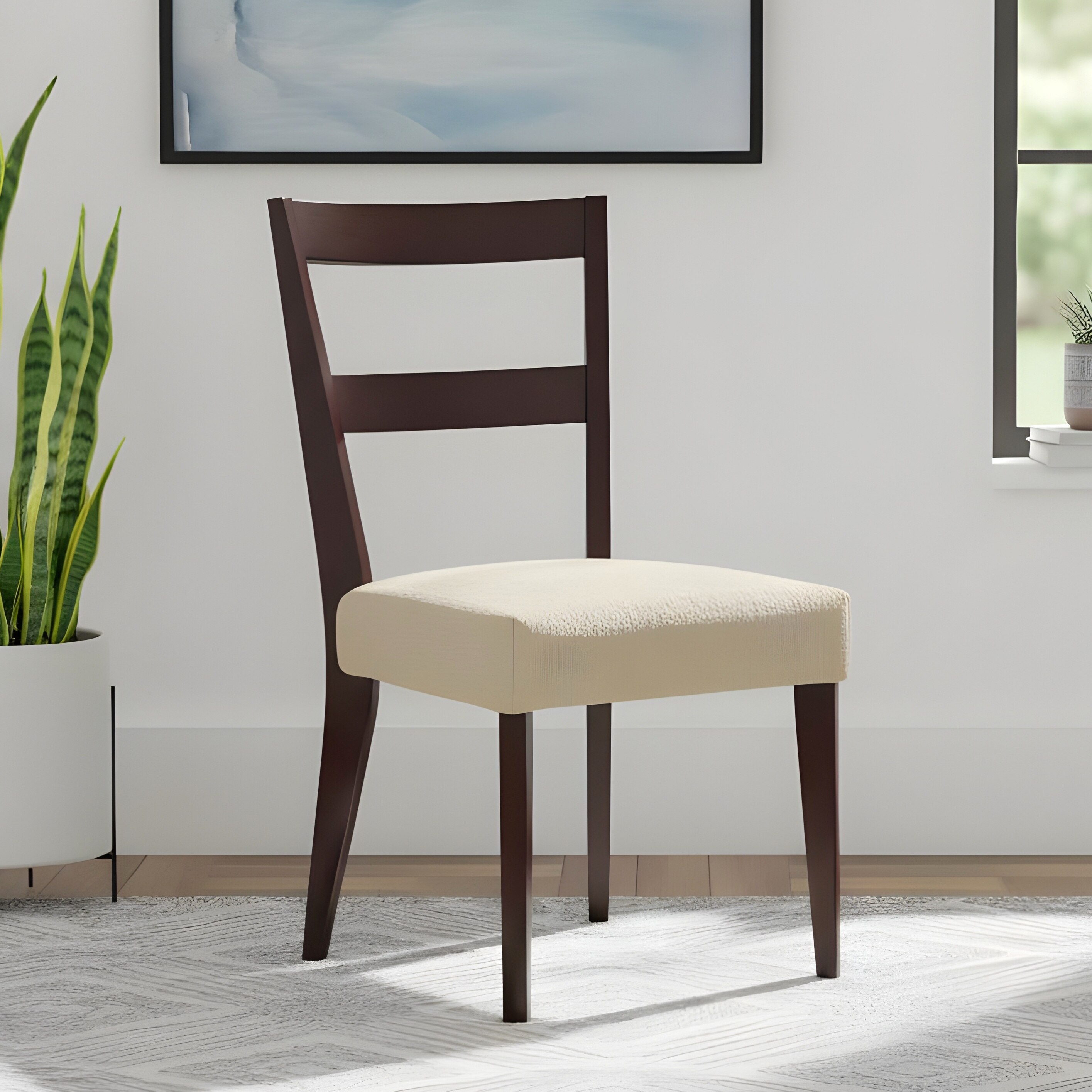 Newport wood Set of 2 Dining Chairs in Beige Mossy Fabric Cushioning with DARK WALNUT FINISH