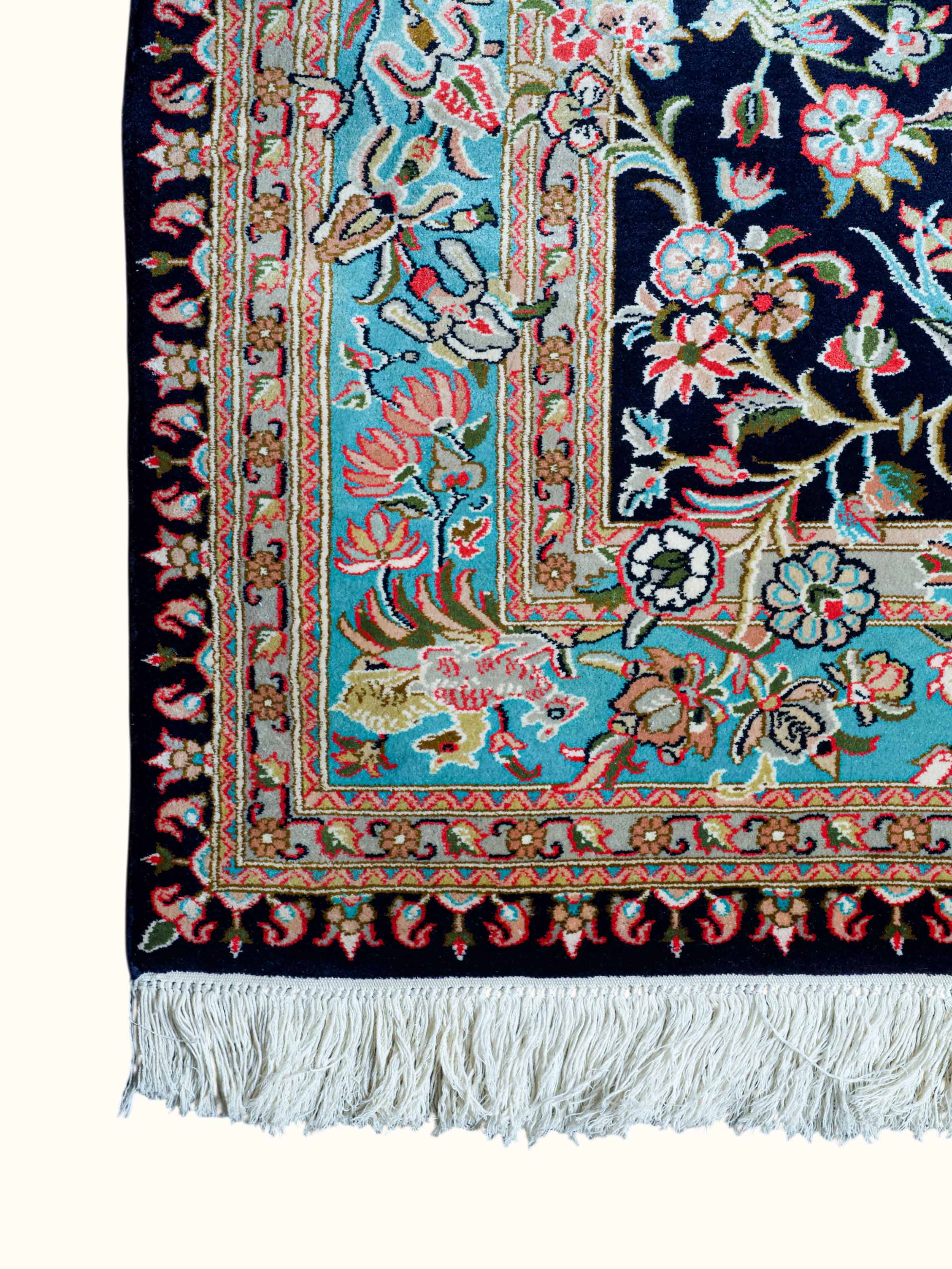 Traditional Persian Navy Floral Allover Kashmir Silk Hand-Knotted Carpet