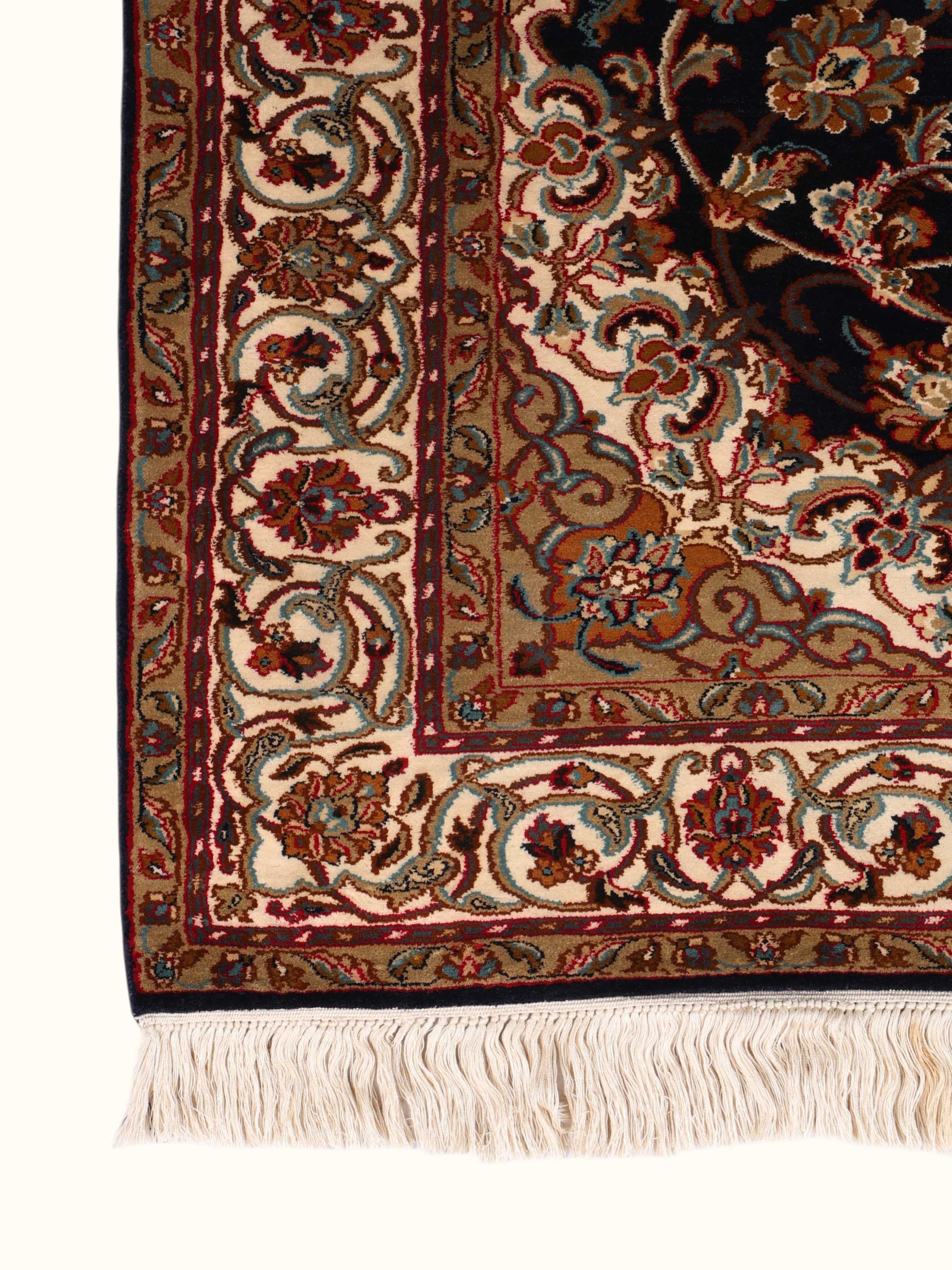 Traditional Persian Navy Kashan Kashmir Silk Hand-Knotted Carpet